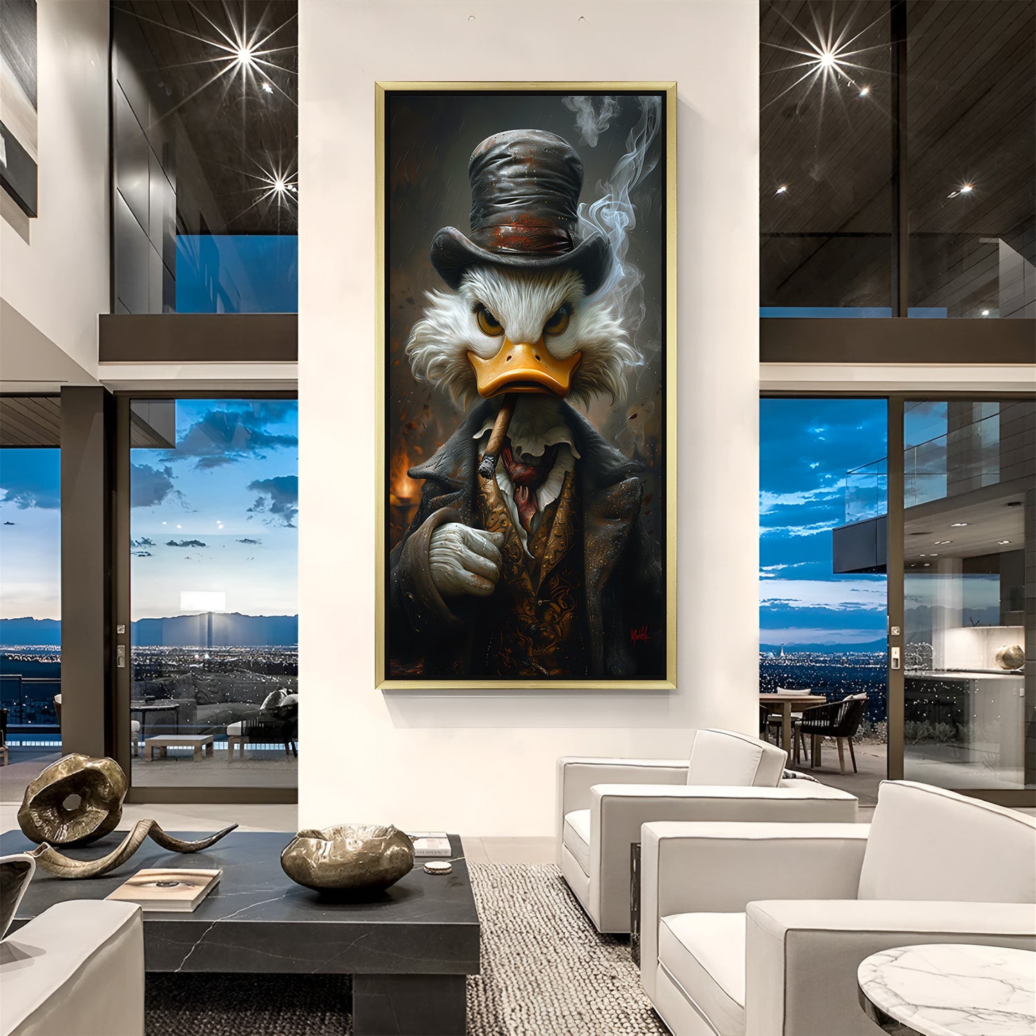 Golden frame canvas print of Donald Duck in attitude-filled modern art style, smoking a cigar—bold wall decor for stylish and confident interiors