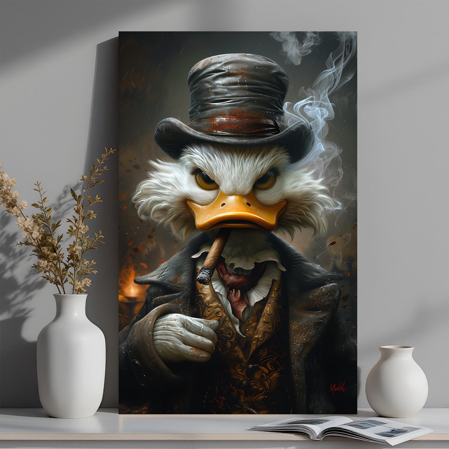 Donald Duck painted in modern art style, smoking a cigar with confident attitude—canvas wall art perfect for bold, personality-rich interior themes
