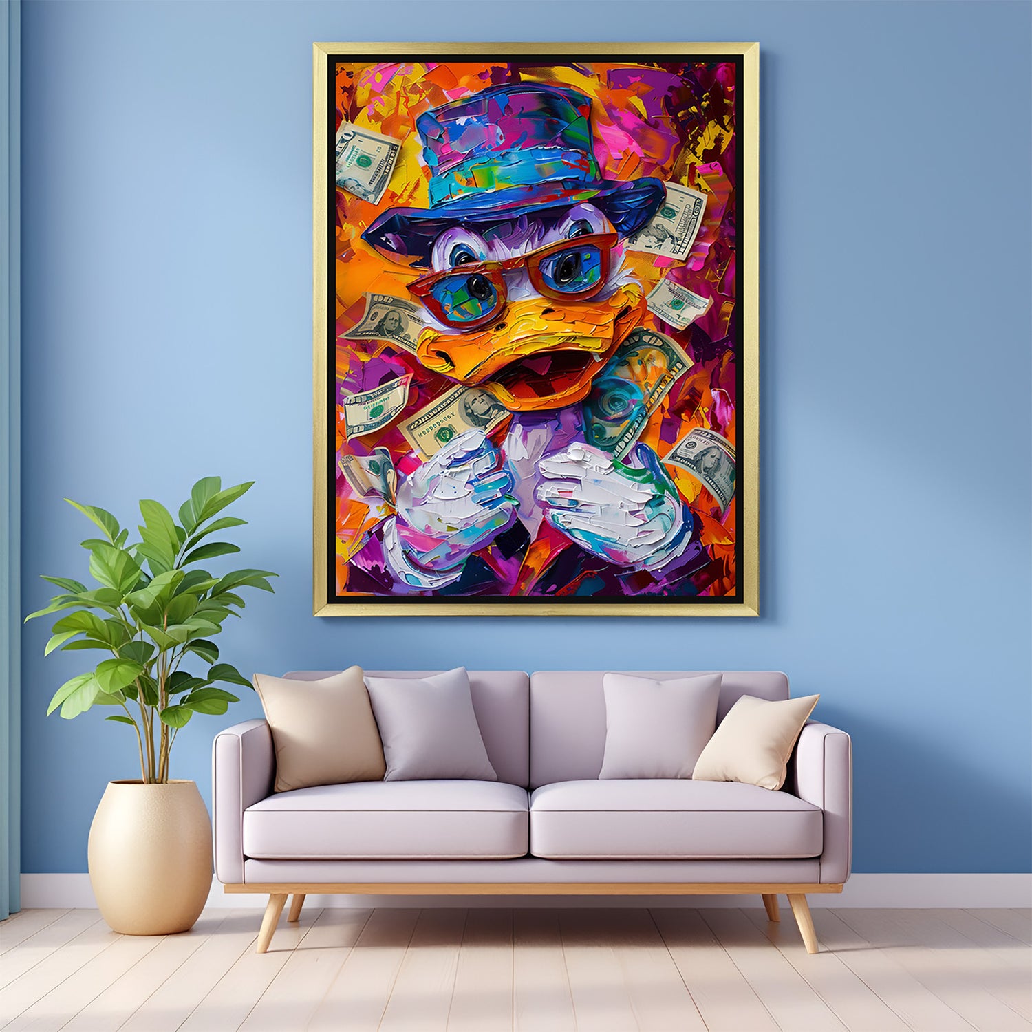 Golden-framed modern art canvas featuring Donald Duck with cash in a fun altered style—great for luxury pop-inspired interiors or youthful spaces