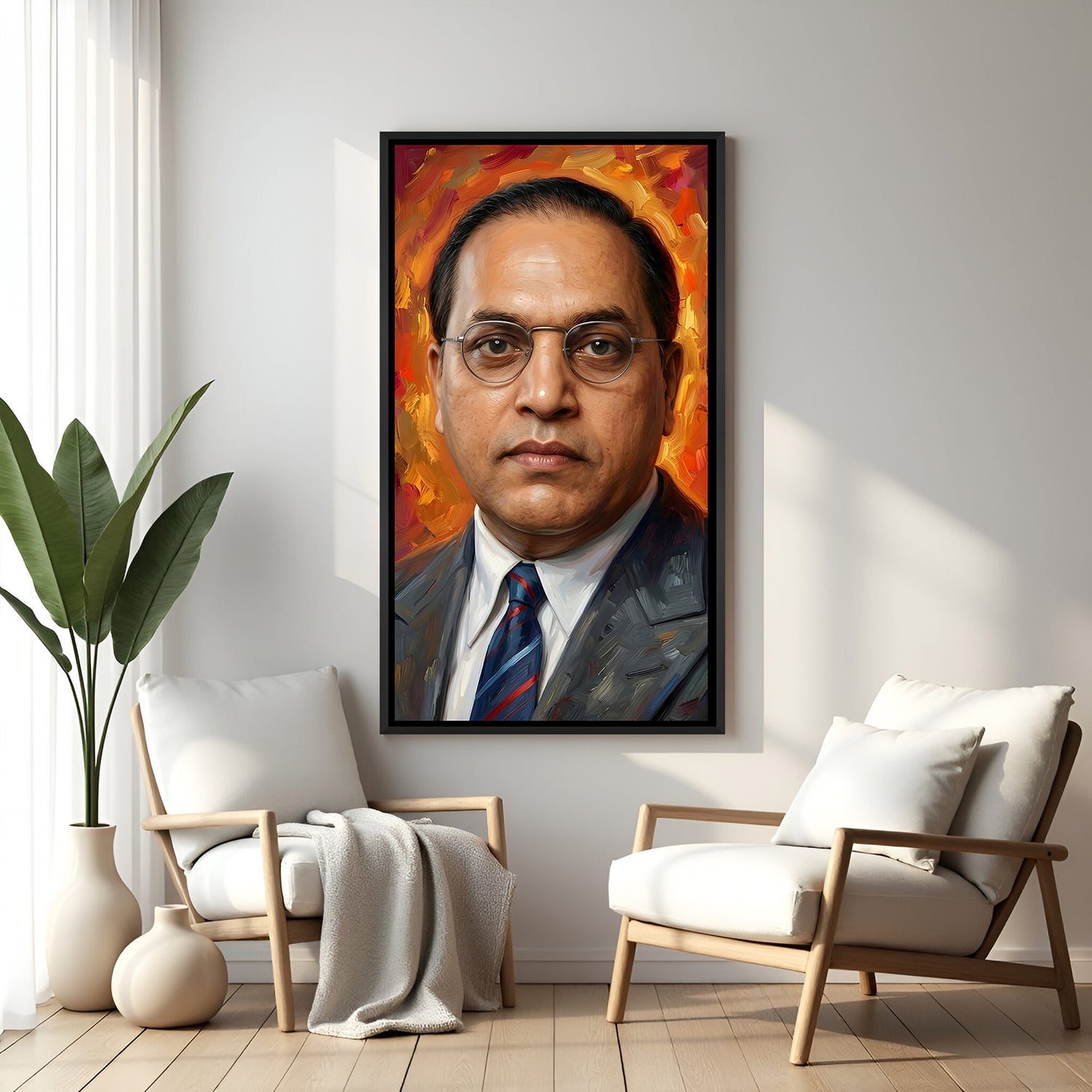 Dr B R Ambedkar face wall art in elegant black floater frame featuring a close-up portrait