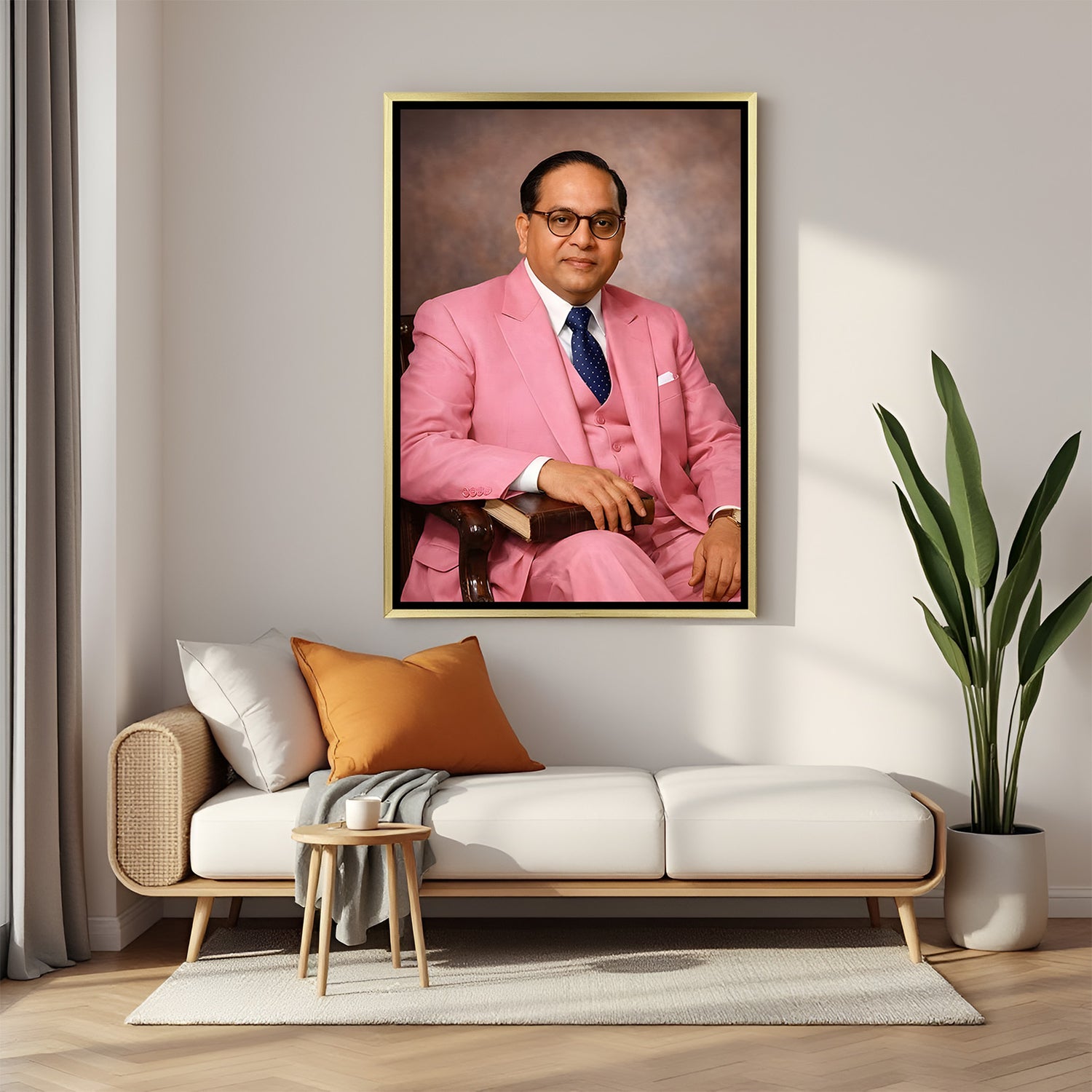 Dr B R Ambedkar pink coat portrait artwork seated on a chair in luxury golden floater frame
