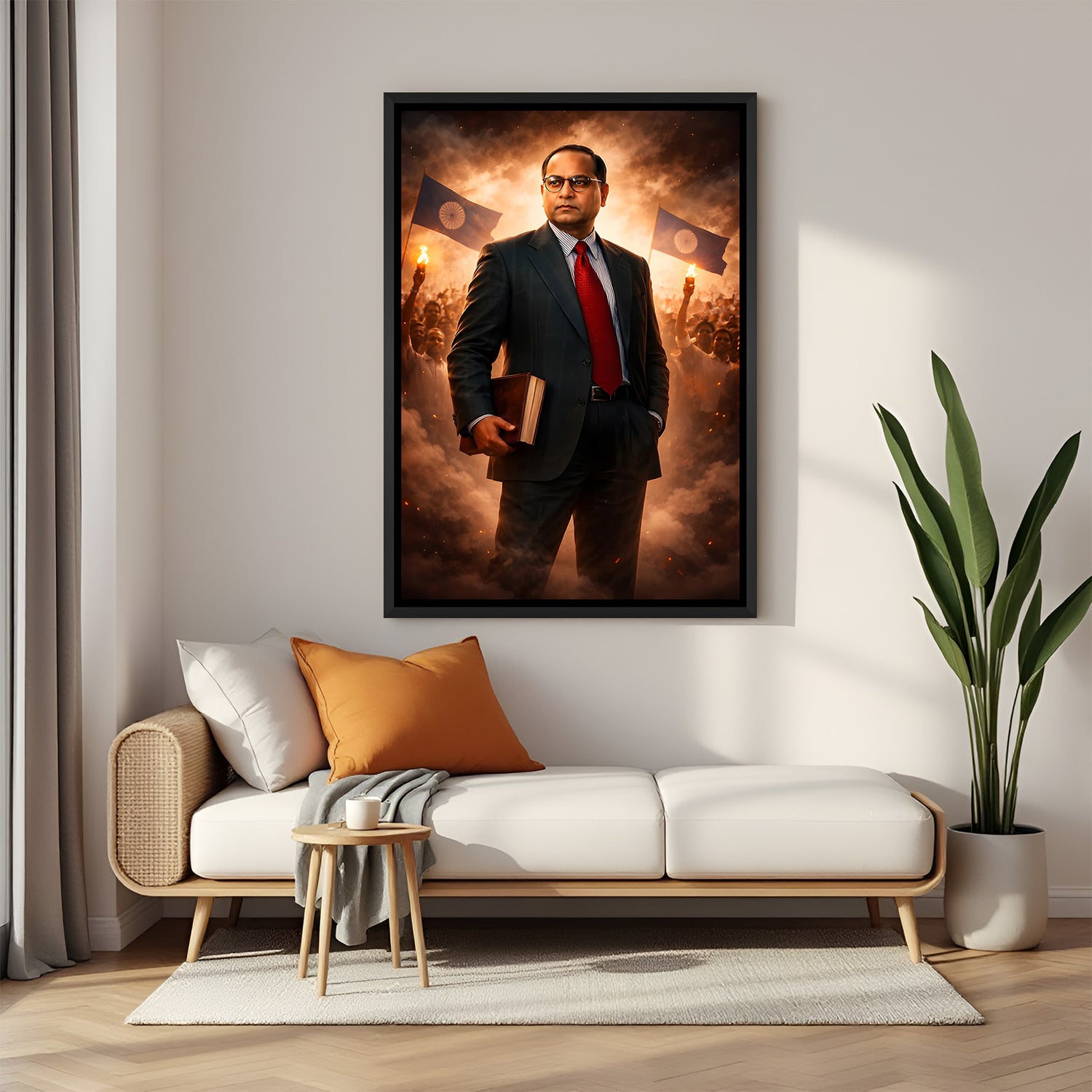 Dr B R Ambedkar standing with a book wall art in elegant black floater frame with revolutionary scene backdrop