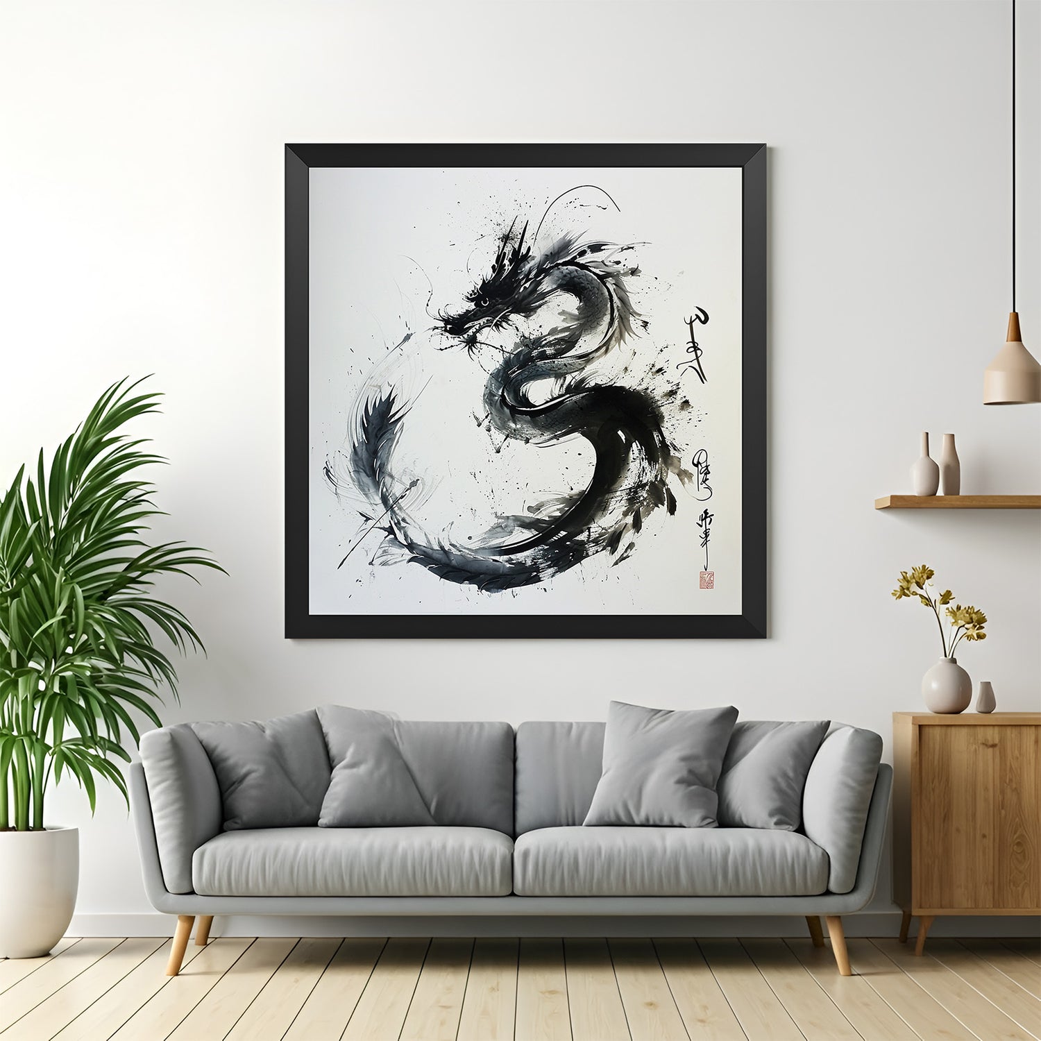 Black-framed canvas of black brushstroke dragon and Japanese writing—perfect for modern, zen-inspired, and artistic wall decor with Asian influence