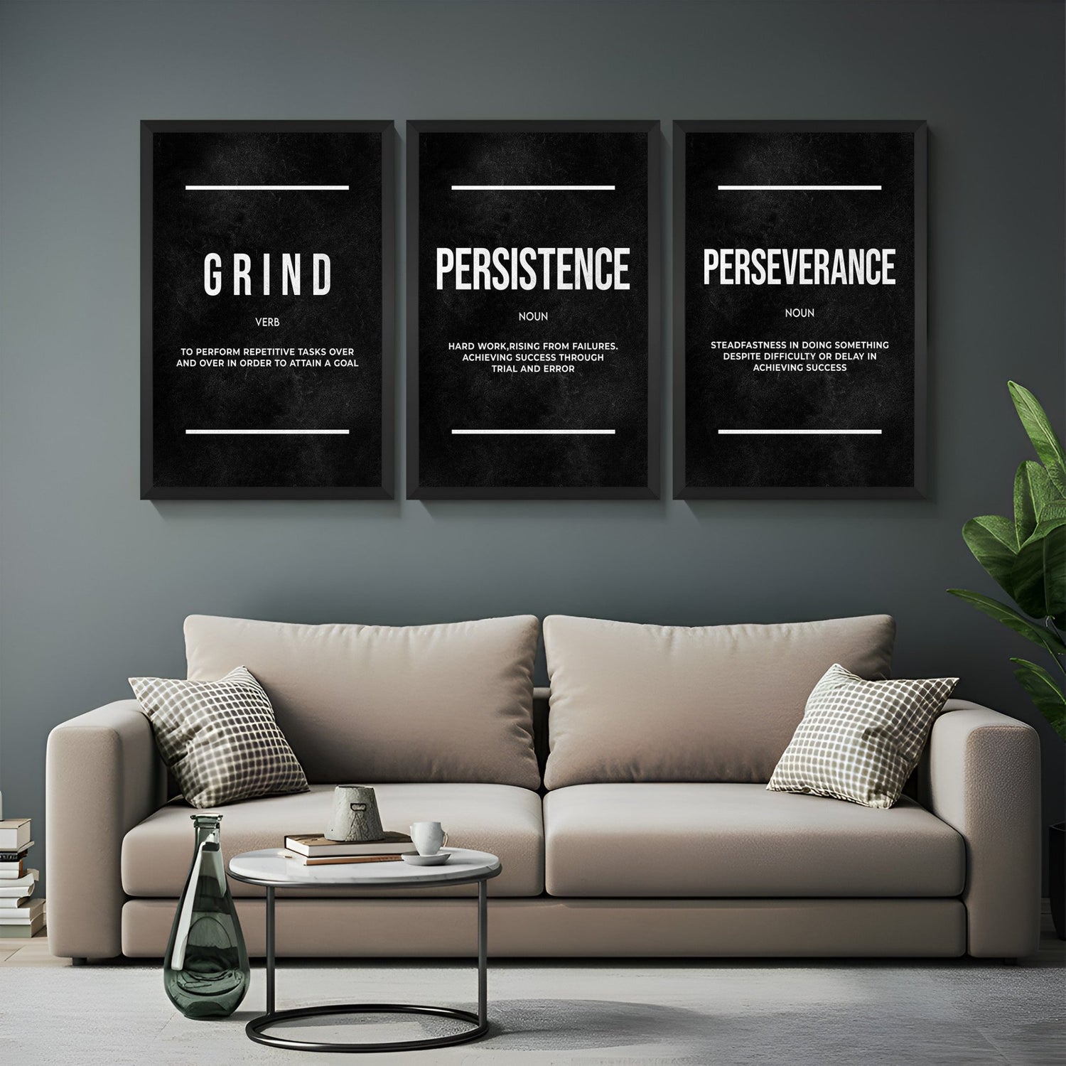 Canvas wall art set with the words Grind, Persistence, and Perseverance – each displayed with definitions in bold, modern style for motivational office or gym decor