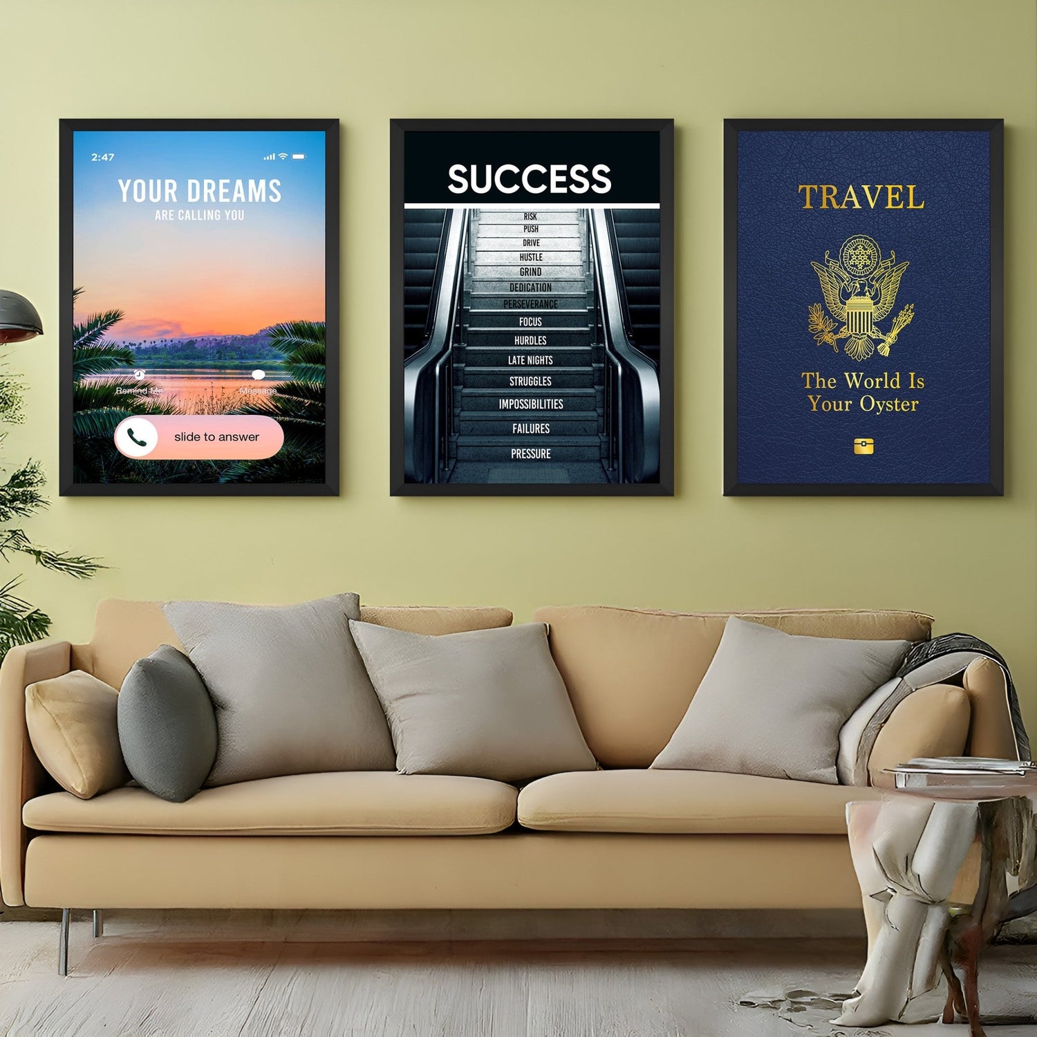 A set of three canvas wall art prints in black floater frames featuring a phone with “Your Dreams Are Calling You,” an escalator with steps marked by struggle leading to success, and a passport cover with “Travel – The world is your oyster” – ideal for motivational decor.