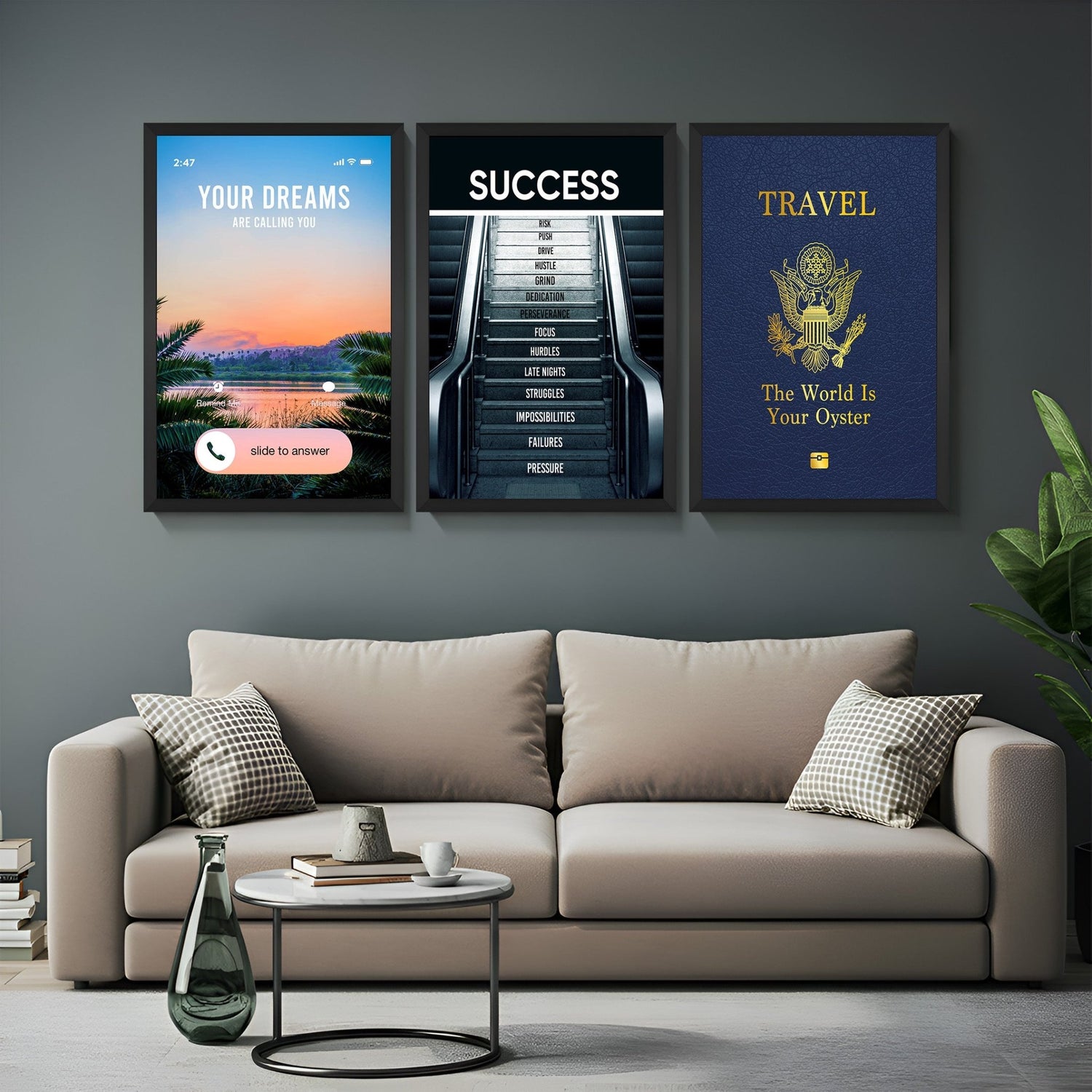Set of 3 inspirational canvas prints with a call-to-action, success journey escalator, and travel passport message – perfect for motivational interior decor