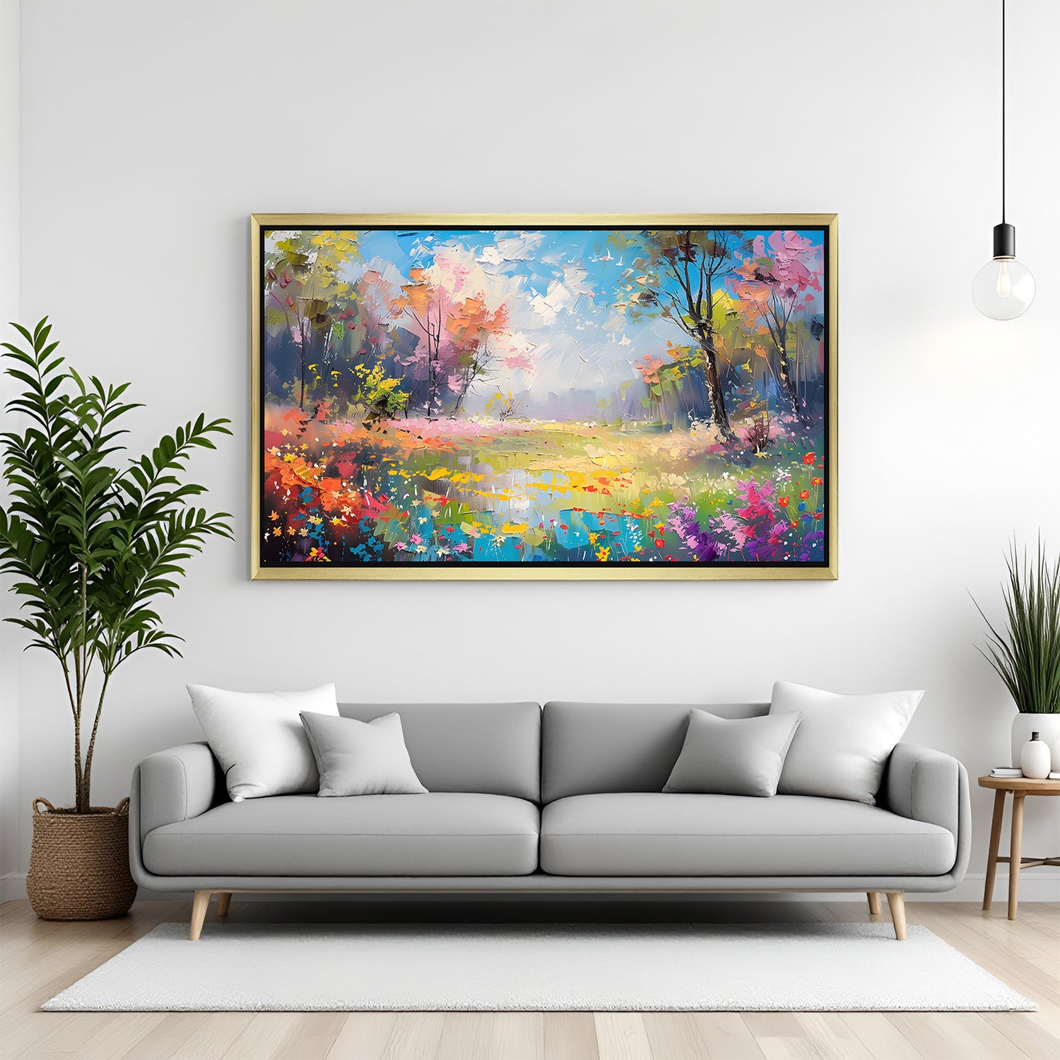 Golden frame nature-themed abstract wall art – large scenic canvas print with a painted look for warm, peaceful interior styling