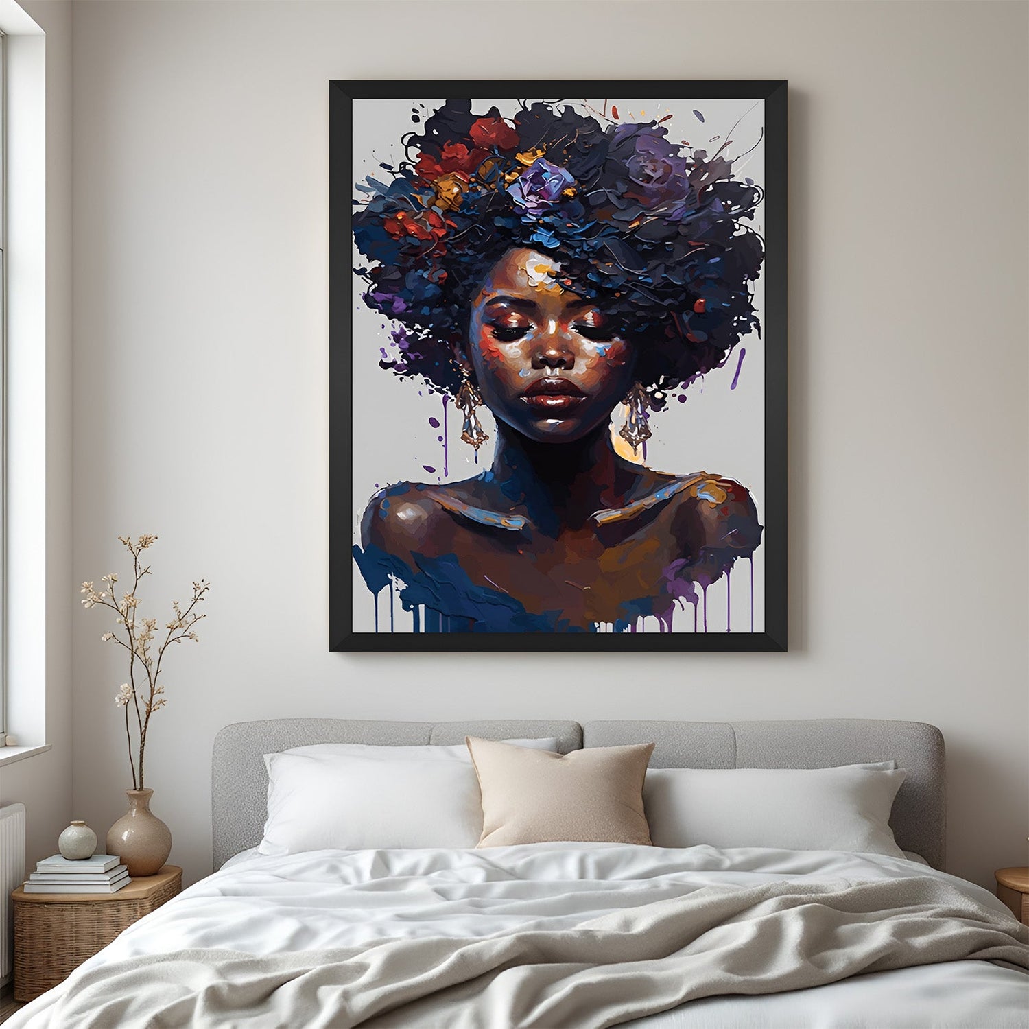 Framed canvas of African girl portrait with colorful paint drips flowing from face, black floater frame for sleek, urban decor