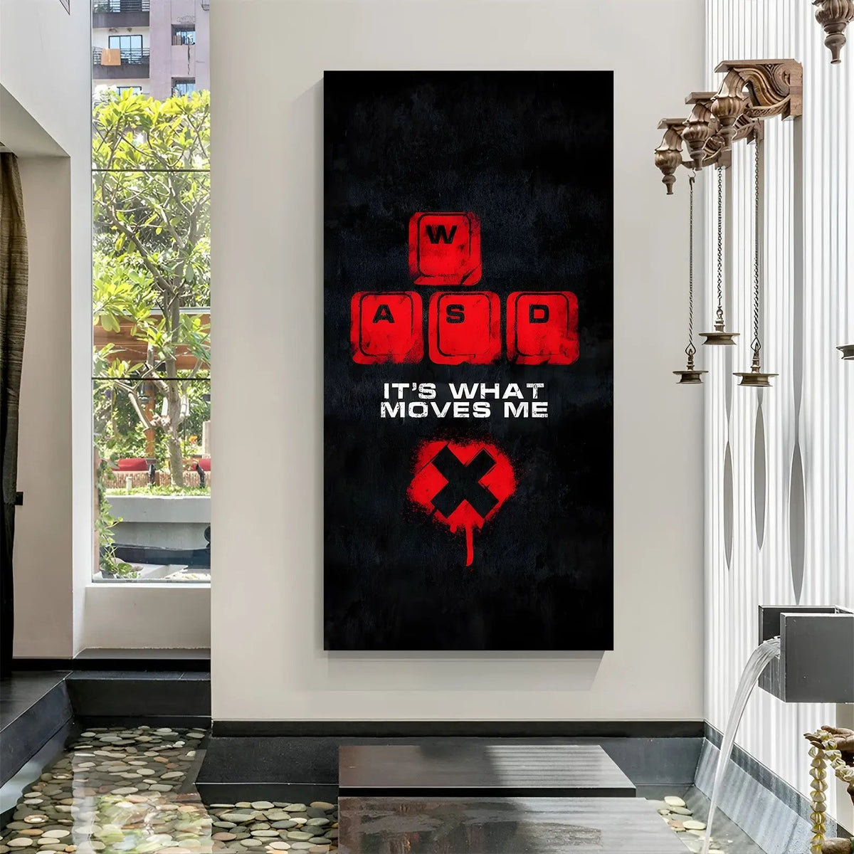 Driven by Pixels PC gaming canvas wall art featuring It's What Moves Me quote and modern gaming setup in premium canvas wrapped frame