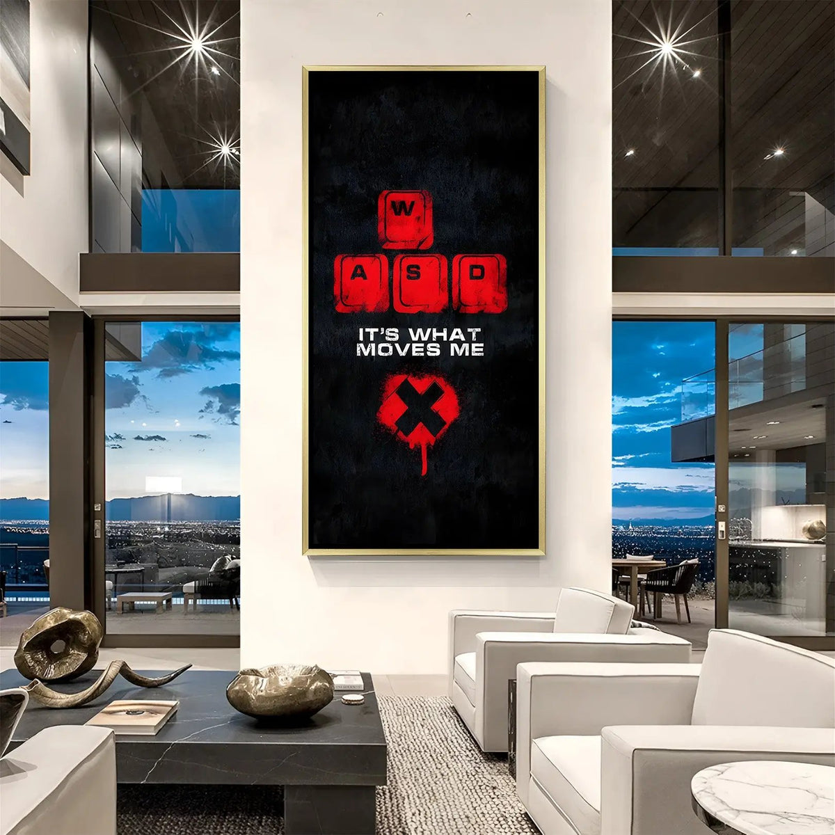 Driven by Pixels PC gaming artwork in luxury golden floater frame featuring It's What Moves Me gaming quote