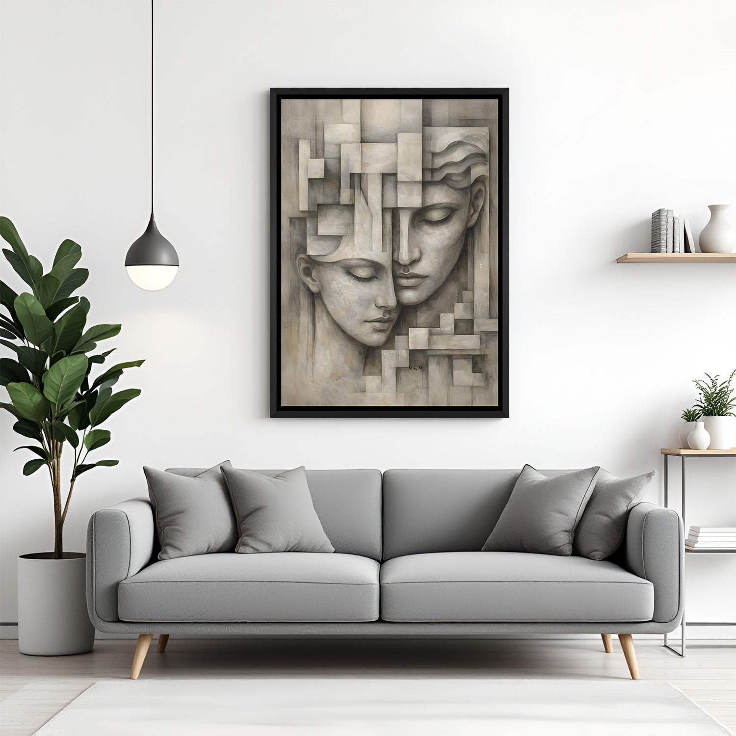 Two female faces modern canvas wall art in elegant black floater frame for contemporary décor