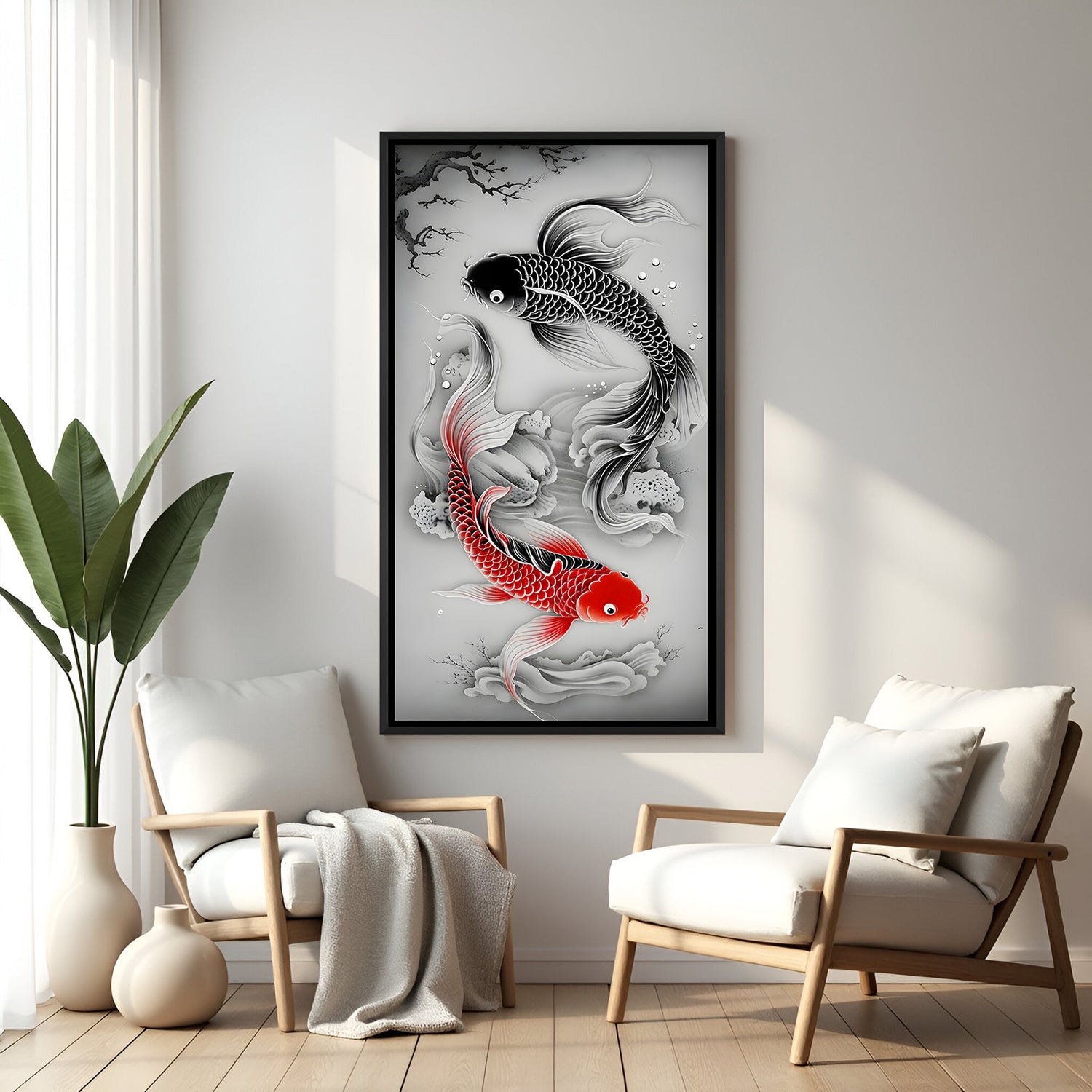 Yin yang inspired koi fish artwork featuring black and red fish in elegant black floater frame