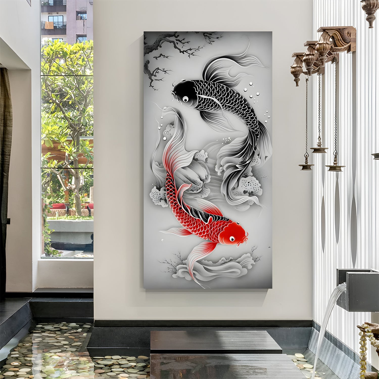 Black and red koi fish forming a yin yang design in premium canvas wrapped frame