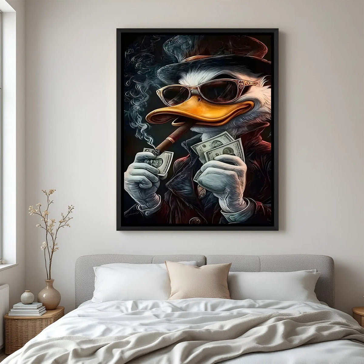 Donald Duck cartoon artwork in elegant black floater frame featuring premium luxury-inspired styling