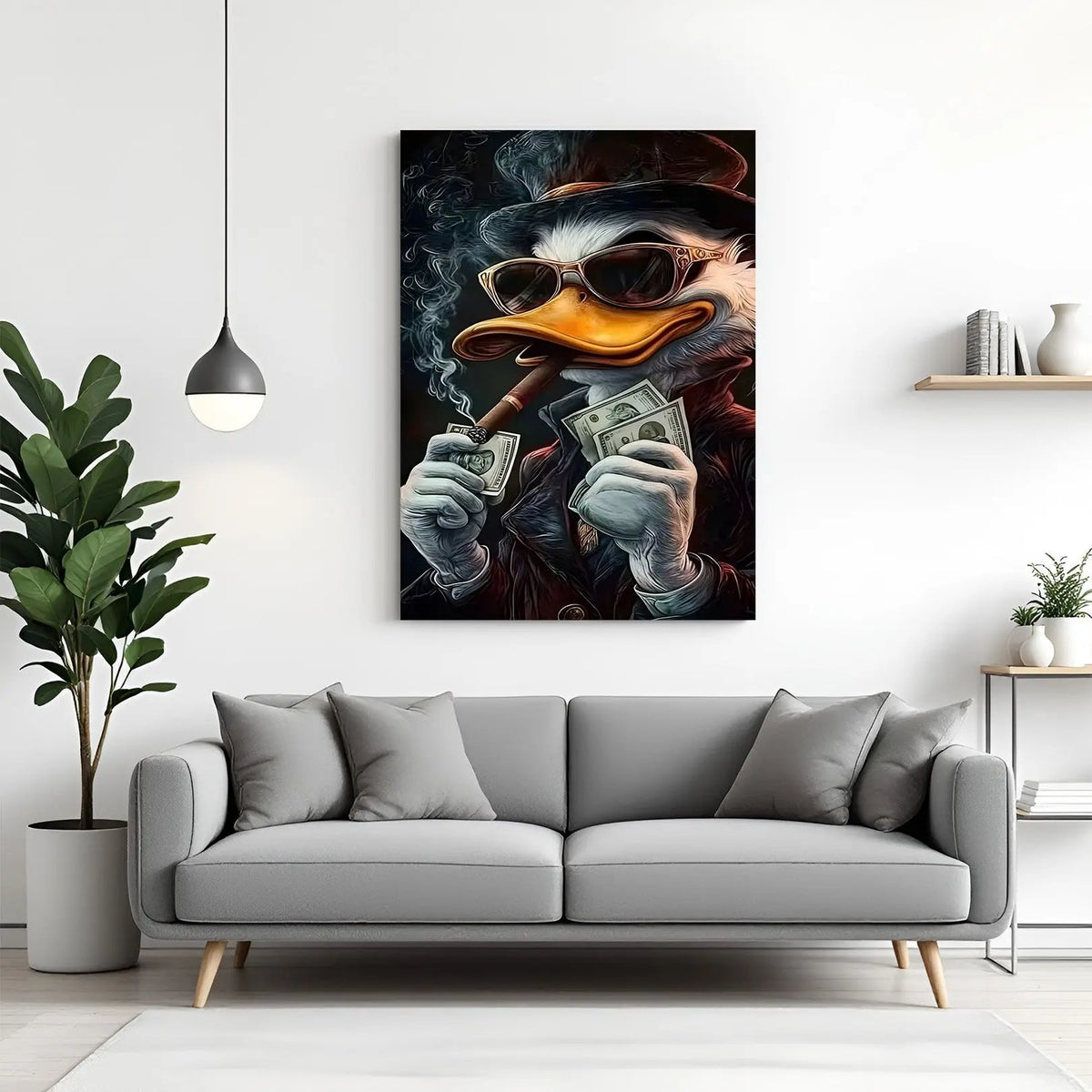 Donald Duck luxury canvas painting with confident pose in black and gold floater frame