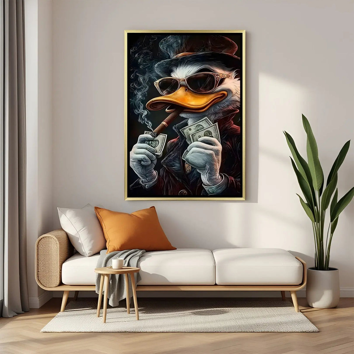 Luxury Donald Duck canvas artwork in golden floater frame with sophisticated cartoon character aesthetic