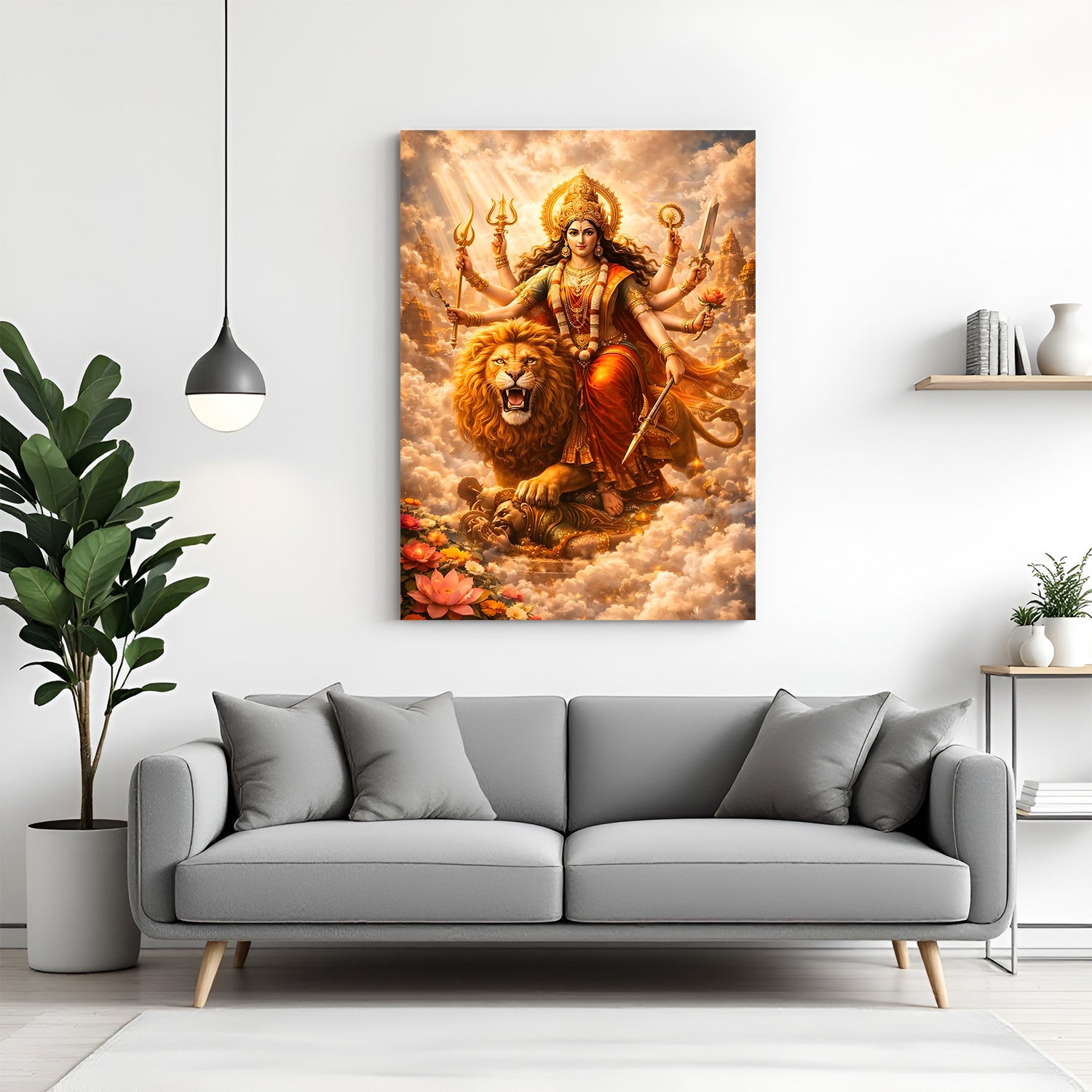 Durga Maa seated on roaring lion with divine clouds and sacred flowers spiritual canvas wall art