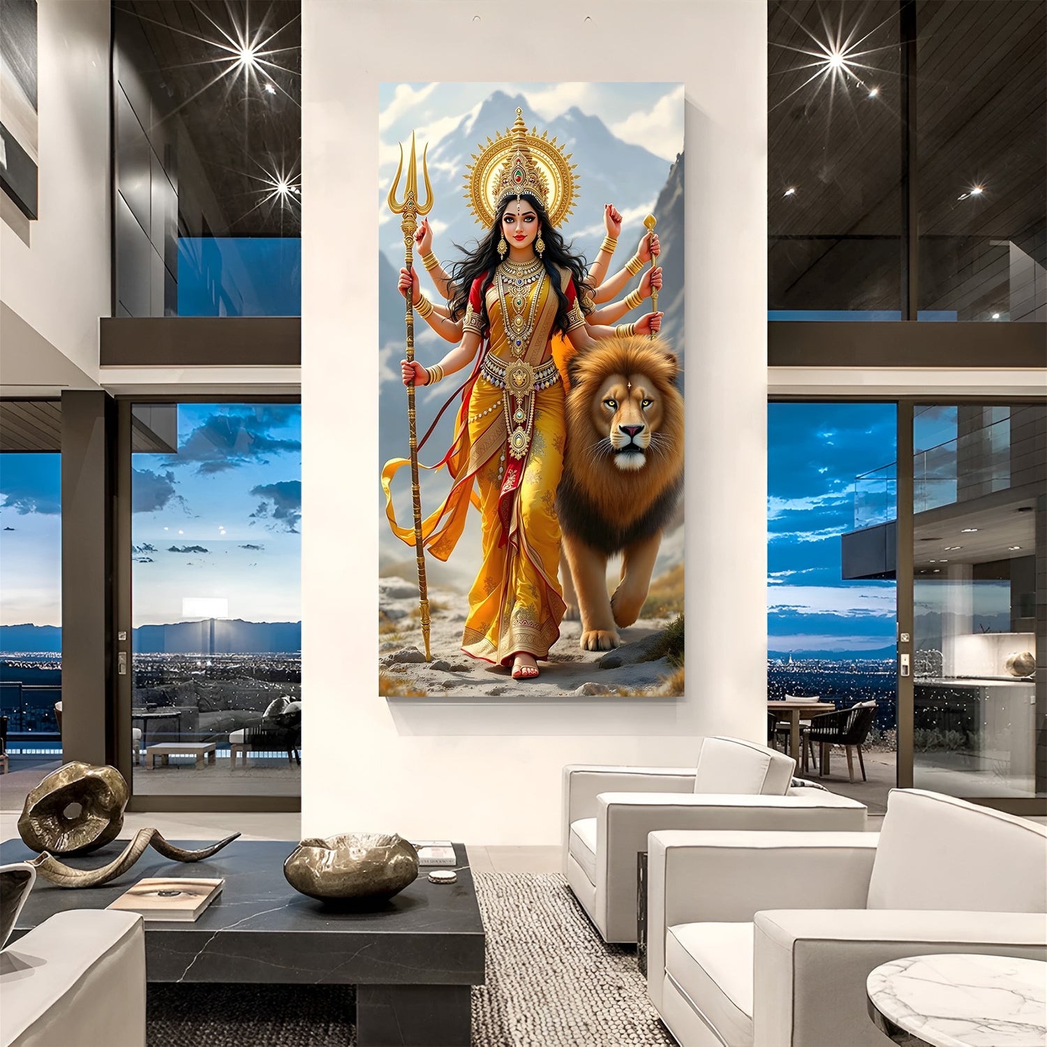 Durga Maa standing with sacred lion and Himalayan mountains in premium canvas wrapped frame wall art