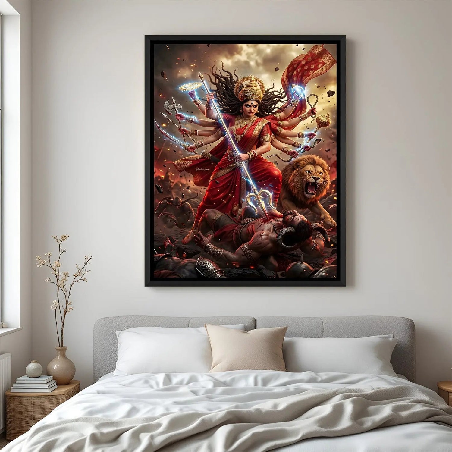 Durga Maa Triumph of Divine Justice wall painting in black floater frame featuring powerful Hindu goddess artwork