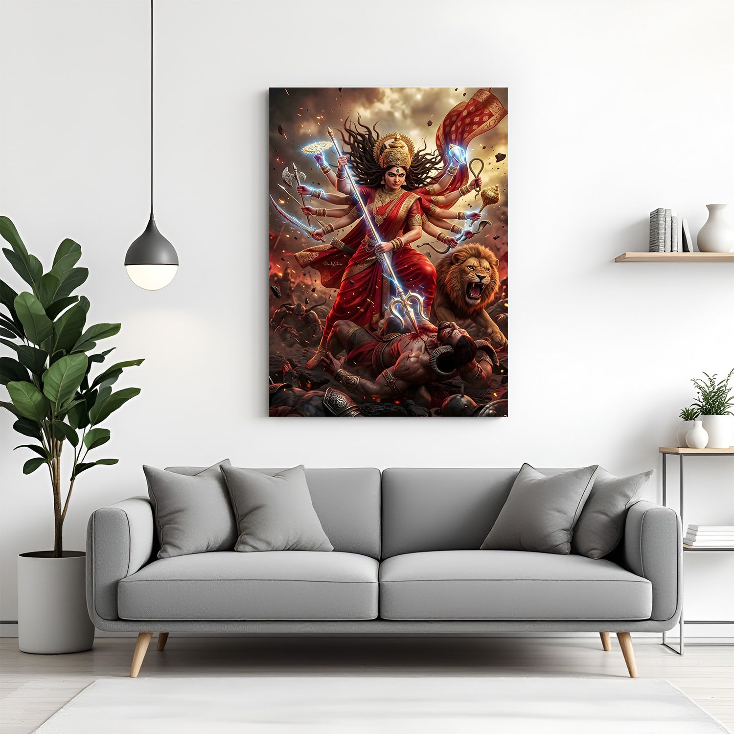 Durga Maa Triumph of Divine Justice canvas wall art featuring Durga Maa defeating a demon in premium canvas wrapped frame