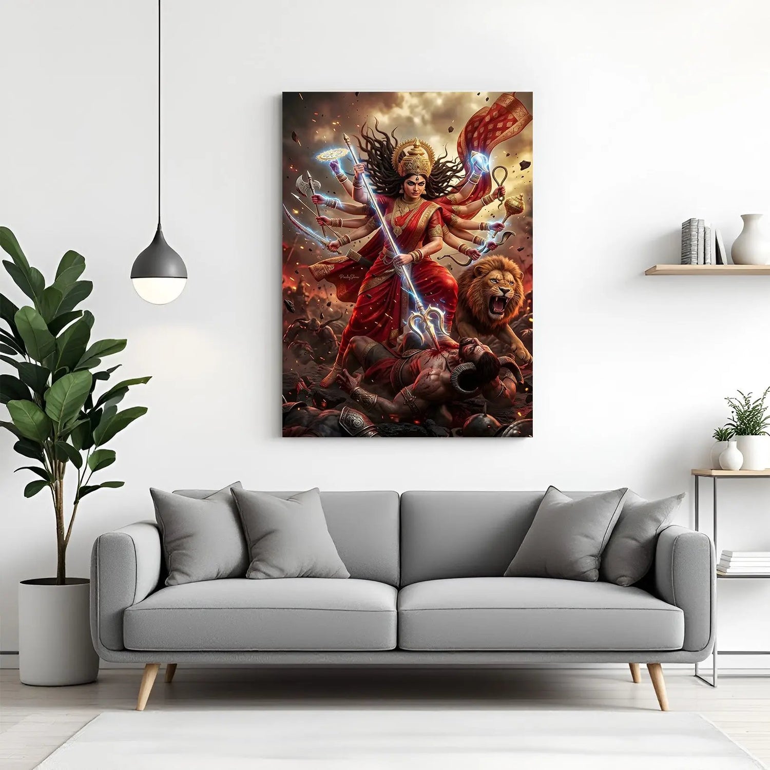 Durga Maa Triumph of Divine Justice canvas wall art featuring Durga Maa defeating a demon in premium canvas wrapped frame