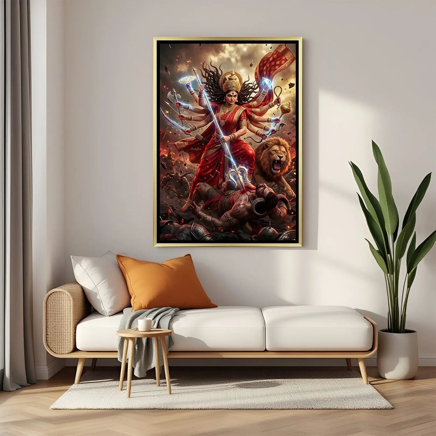 Durga Maa Triumph of Divine Justice artwork in luxury golden floater frame featuring the victory of Durga Maa over evil