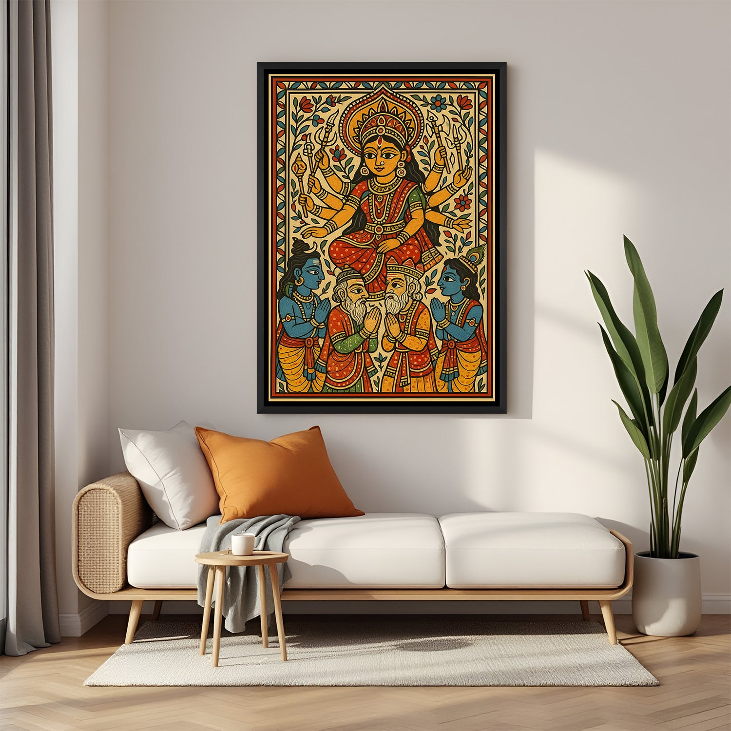 Divine Durga Mata Madhubani artwork in elegant black floater frame for modern spiritual interiors