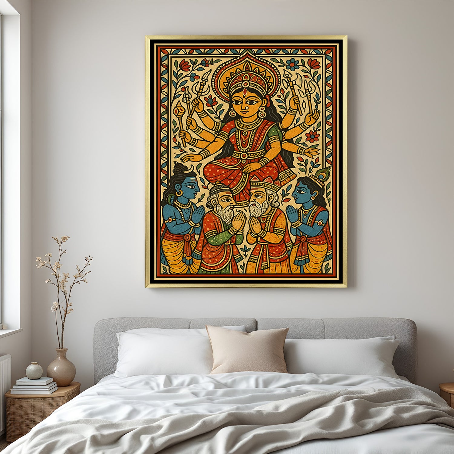 Luxury Durga Mata Madhubani painting canvas in golden floater frame with vibrant traditional design