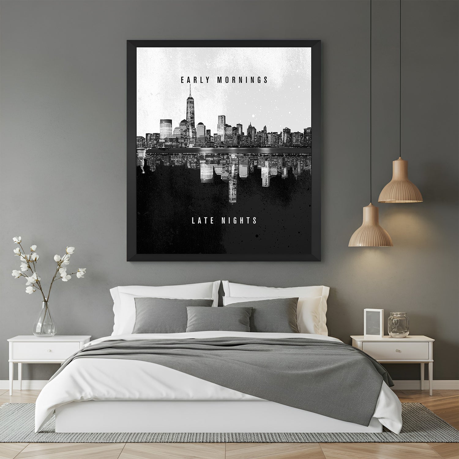 Early Mornings Late Nights motivational canvas wall art with black floater frame