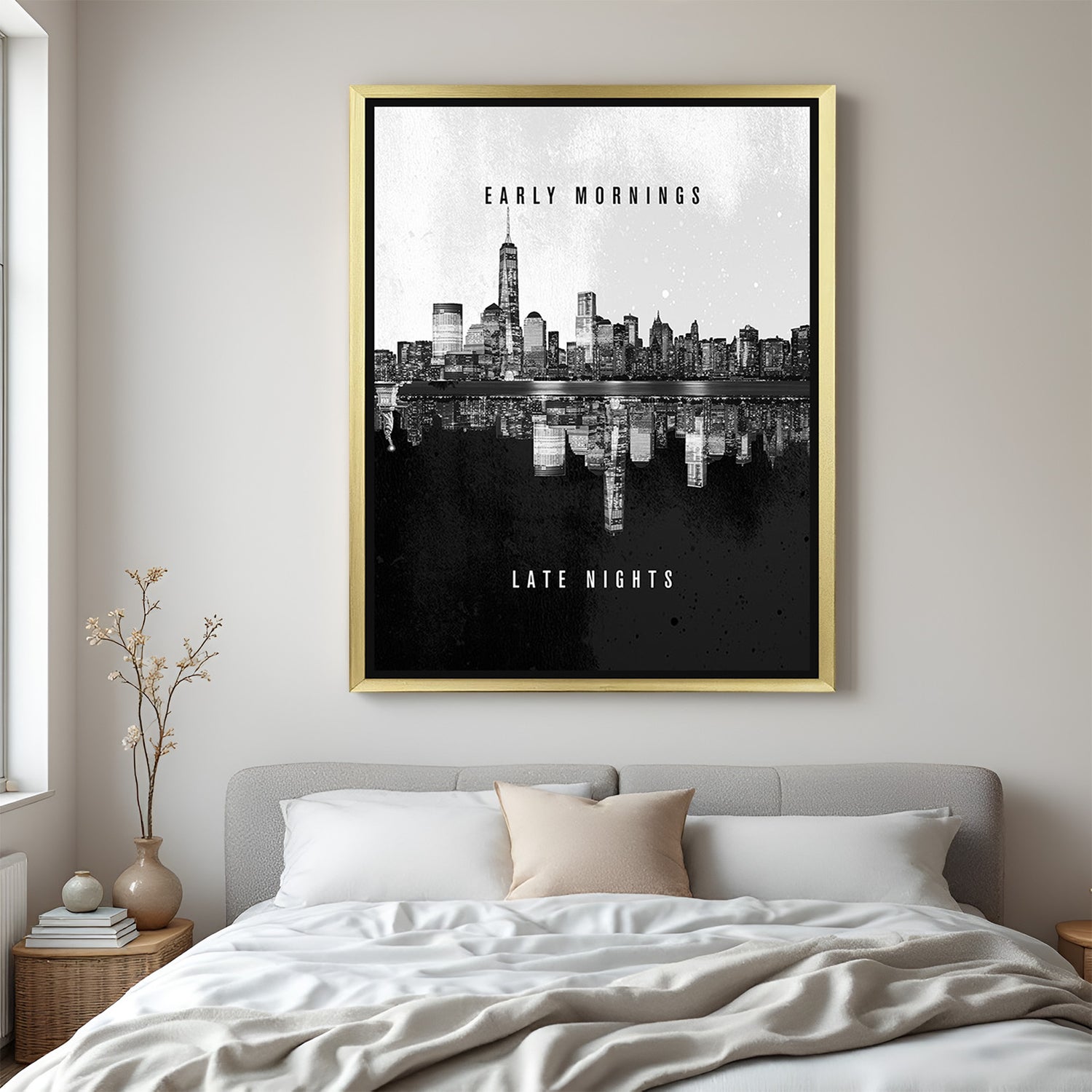 Early Mornings Late Nights motivational canvas wall art with golden floater frame