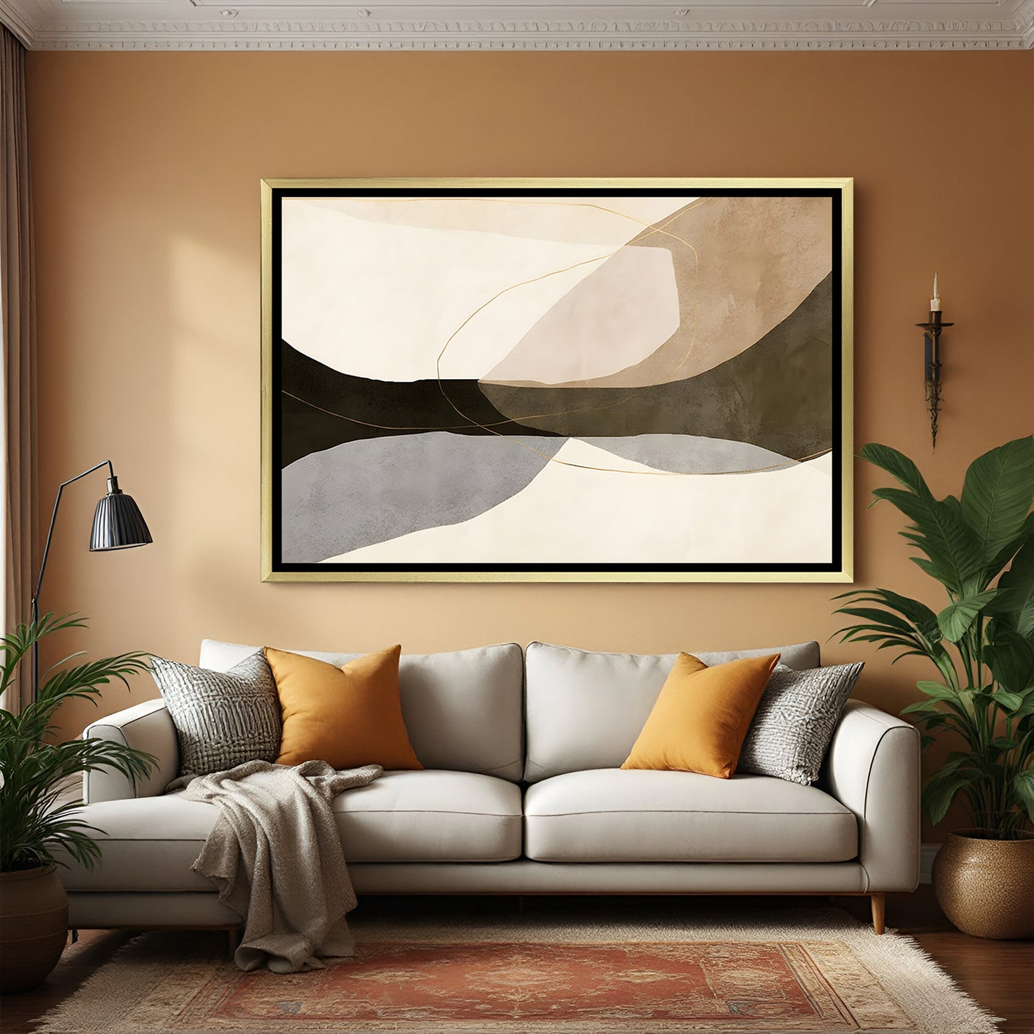 Elegant abstract earth tone wall art with golden frame and soft flowing design