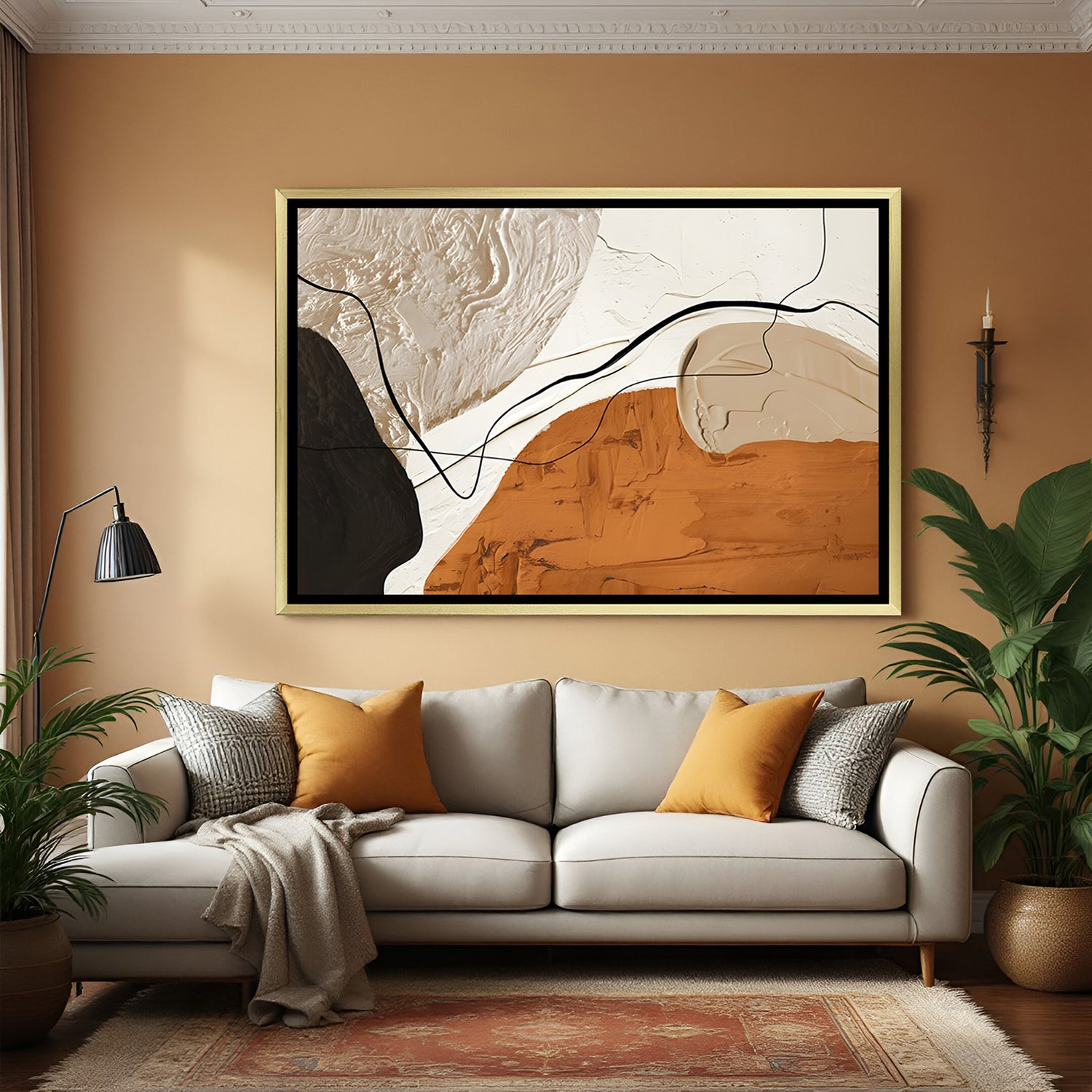 Elegant earth tone abstract canvas wall art with terracotta and neutral palette in golden frame for home decor