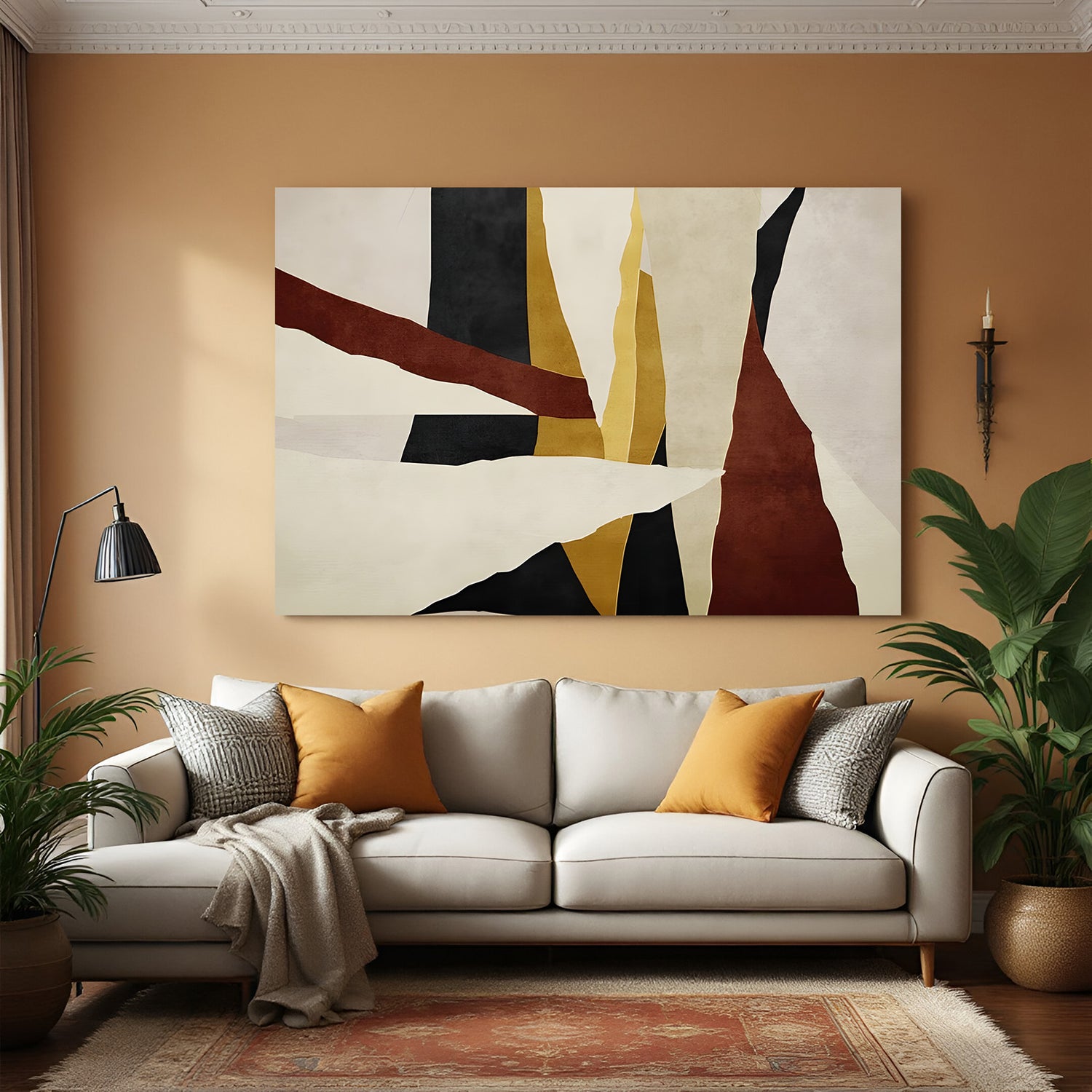 Modern earth tone abstract canvas wall art in rust, black, and beige displayed above sofa in contemporary living room