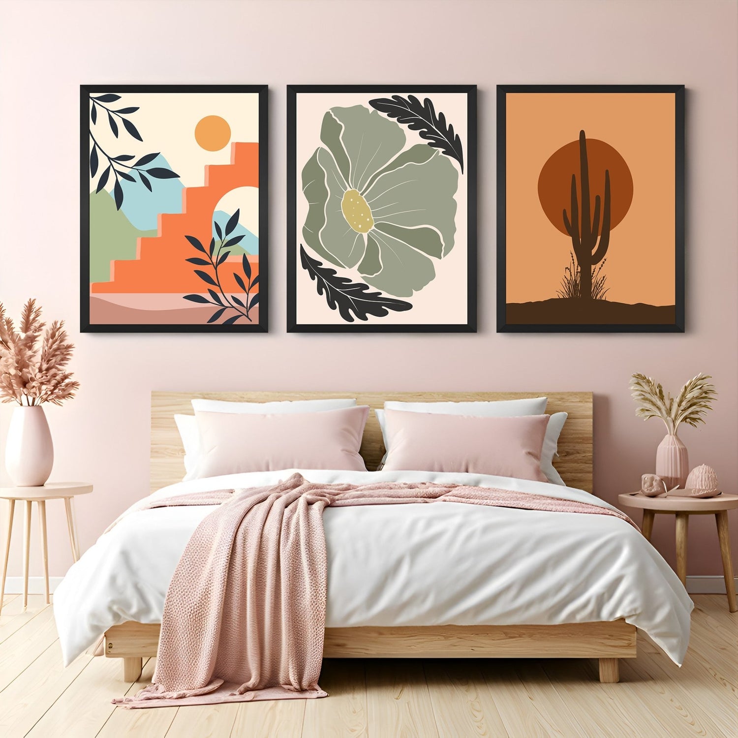 Boho wall art set of 3 with warm earth tones, including cactus at sunset, abstract flower without stem, and sun with stairs composition