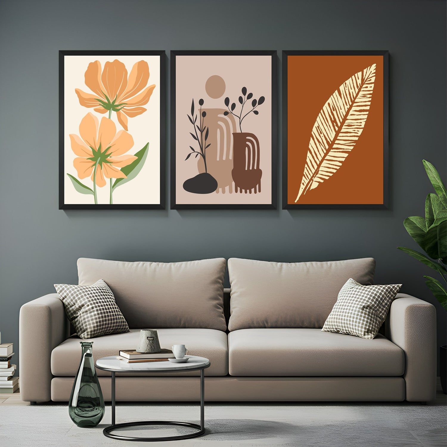 Boho wall art trio featuring floral elements and a simple leaf design in earthy tones – perfect for neutral, botanical decor themes