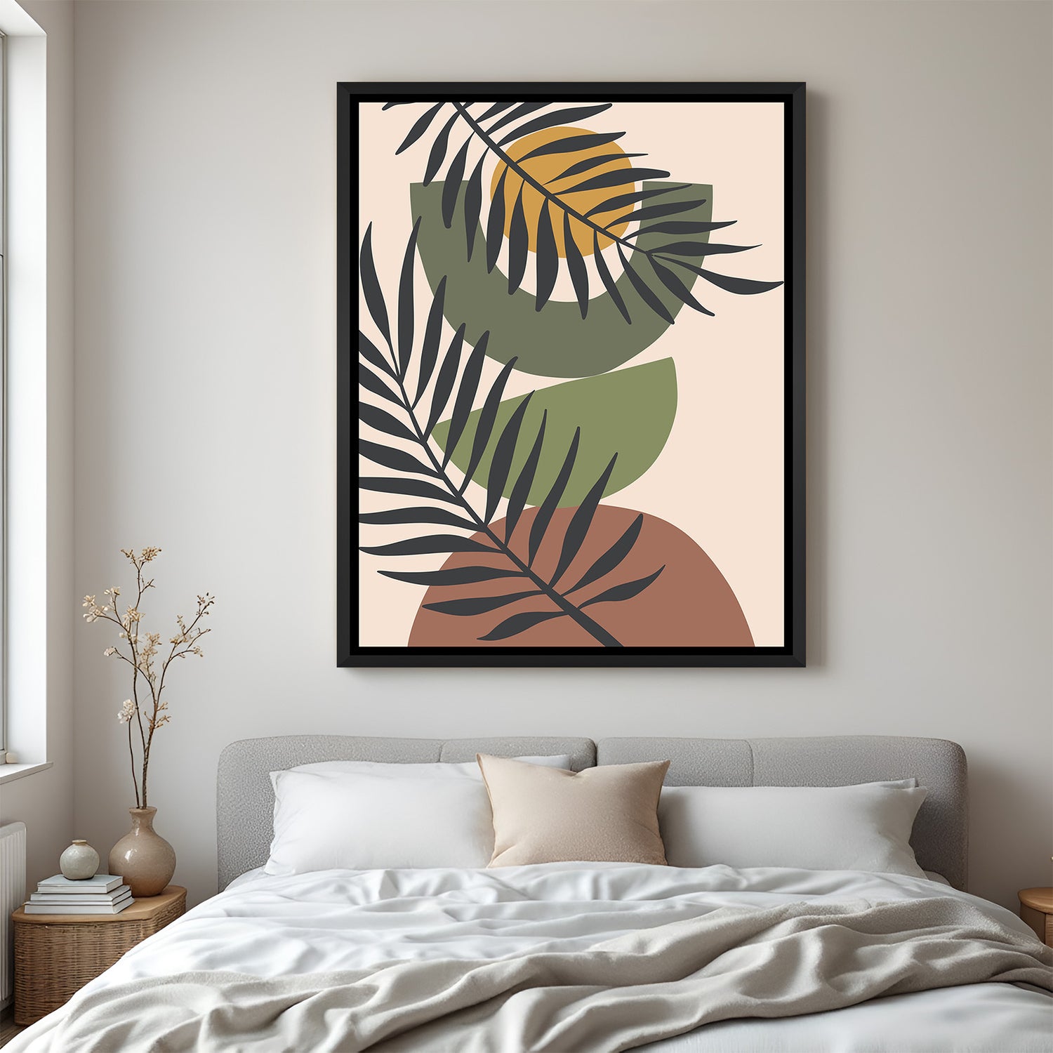 Canvas wall art with organic shapes and leaf stem in black floater frame – earthy and modern