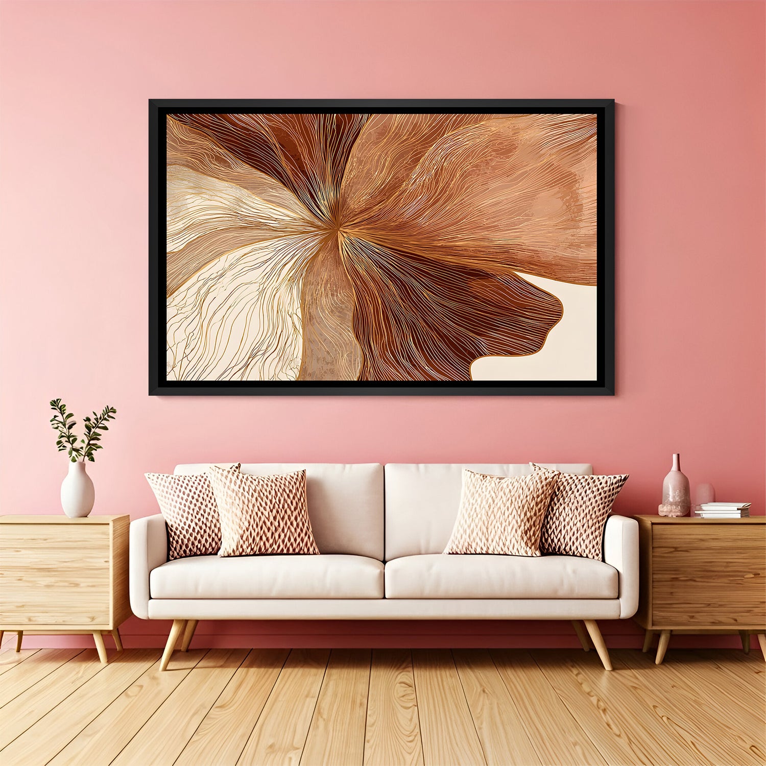 Abstract brown and beige flowing line artwork in black floater frame for modern warm living room decor
