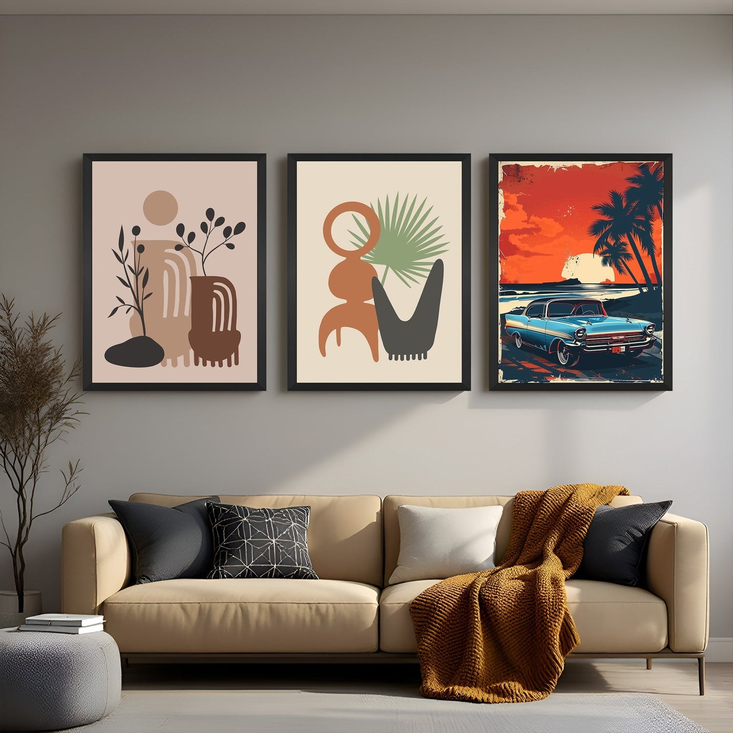 Boho canvas set of 3 with abstract earthy tones and animated tropical car art – ideal for bold, modern bohemian interiors