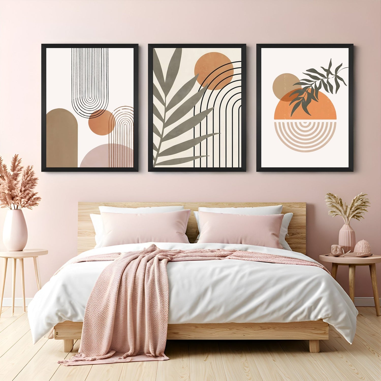 Bohemian wall art set of 3 featuring earthy shapes, abstract lines, and botanical leaf elements – perfect for modern warm-toned interiors