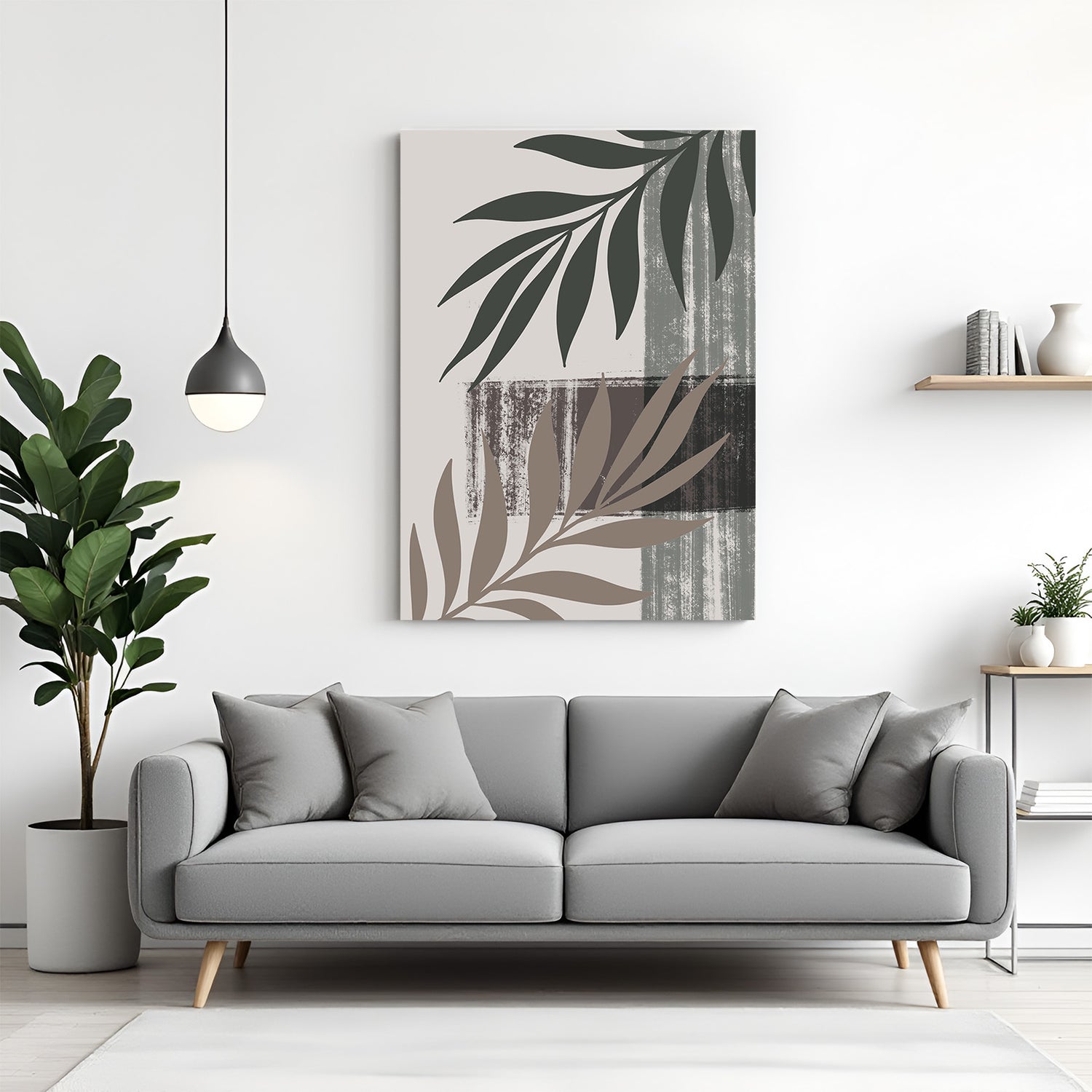 Minimal boho canvas wall art with two botanical stems and earthy-toned abstract background