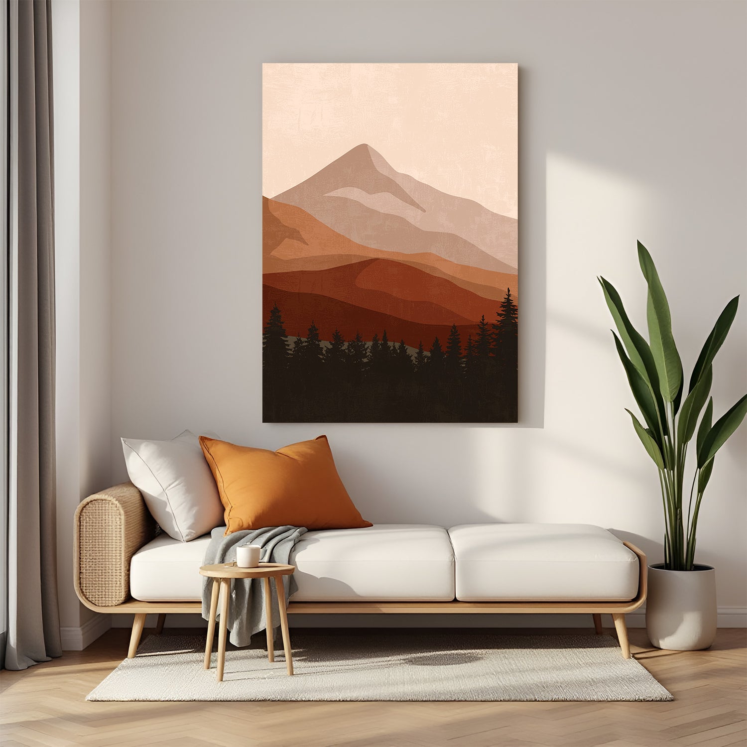 Canvas wall art featuring painted-style earthy mountains and trees in a peaceful boho landscape