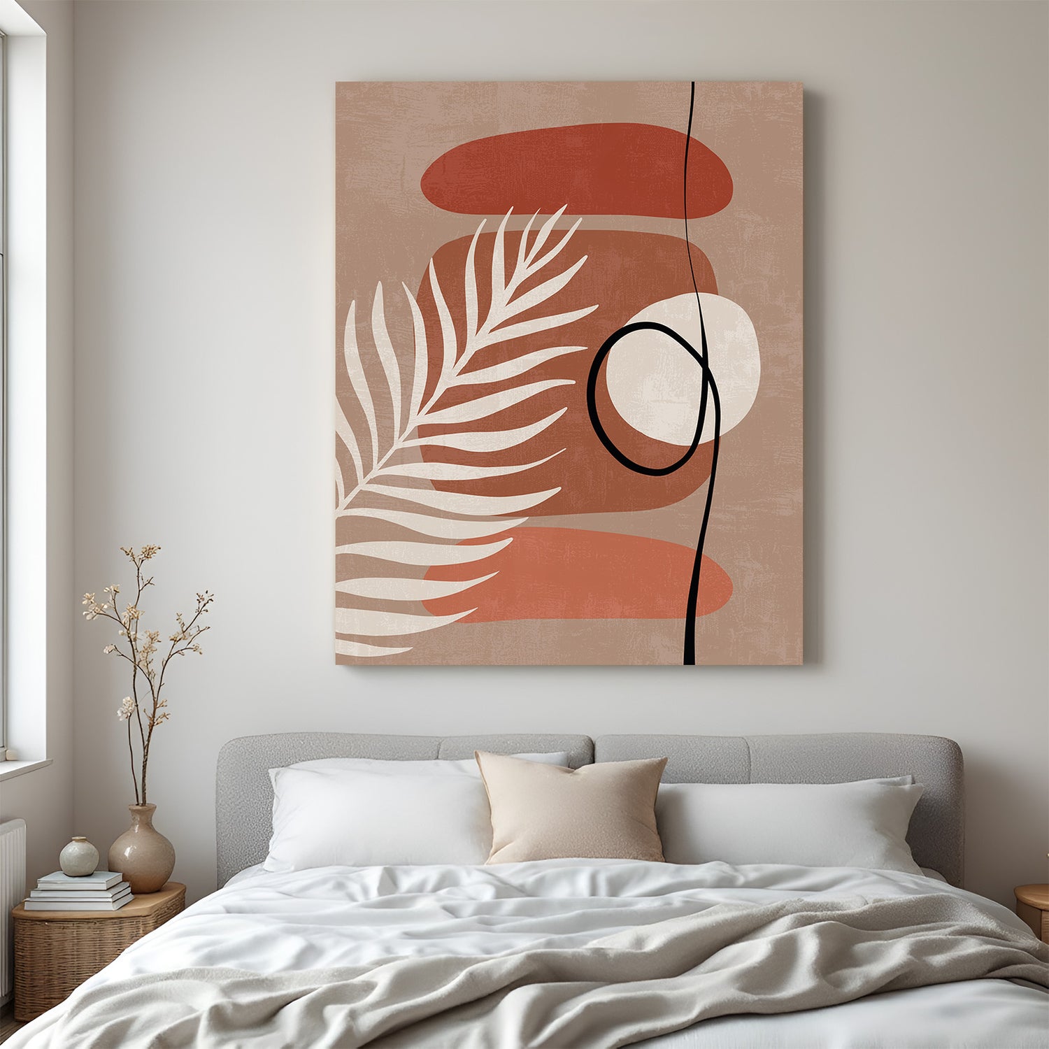 Boho canvas with brownish background, 3 abstract shapes, and a soft leaf stem in earthy palette