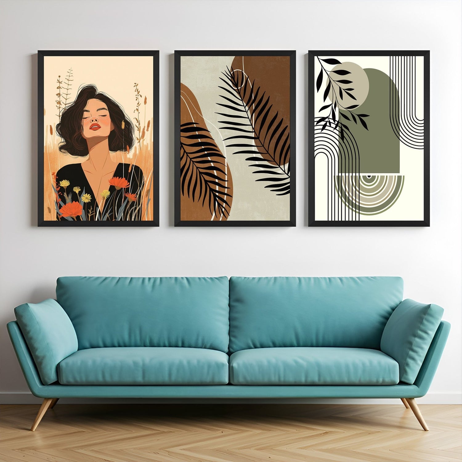 Set of 3 boho canvas prints with girl in boho style, warm abstract art, and minimal green line design – ideal for natural modern decor