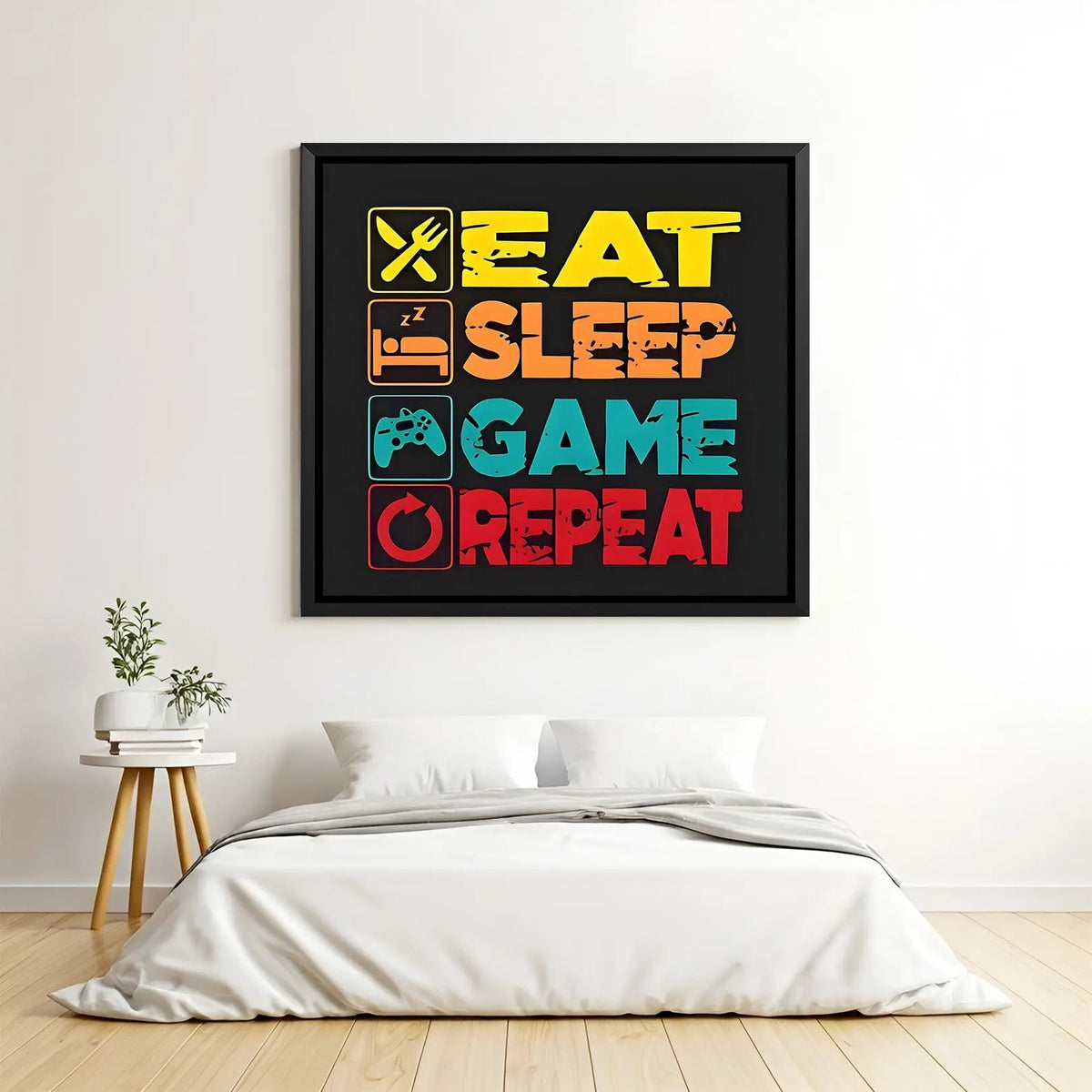 Eat Sleep Game Repeat wall painting in black floater frame with vibrant gaming lifestyle typography artwork
