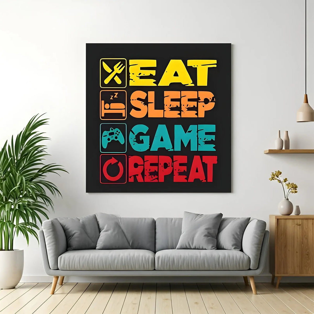 Eat Sleep Game Repeat canvas wall art featuring colorful gamer quote and gaming controller icons in premium canvas wrapped frame