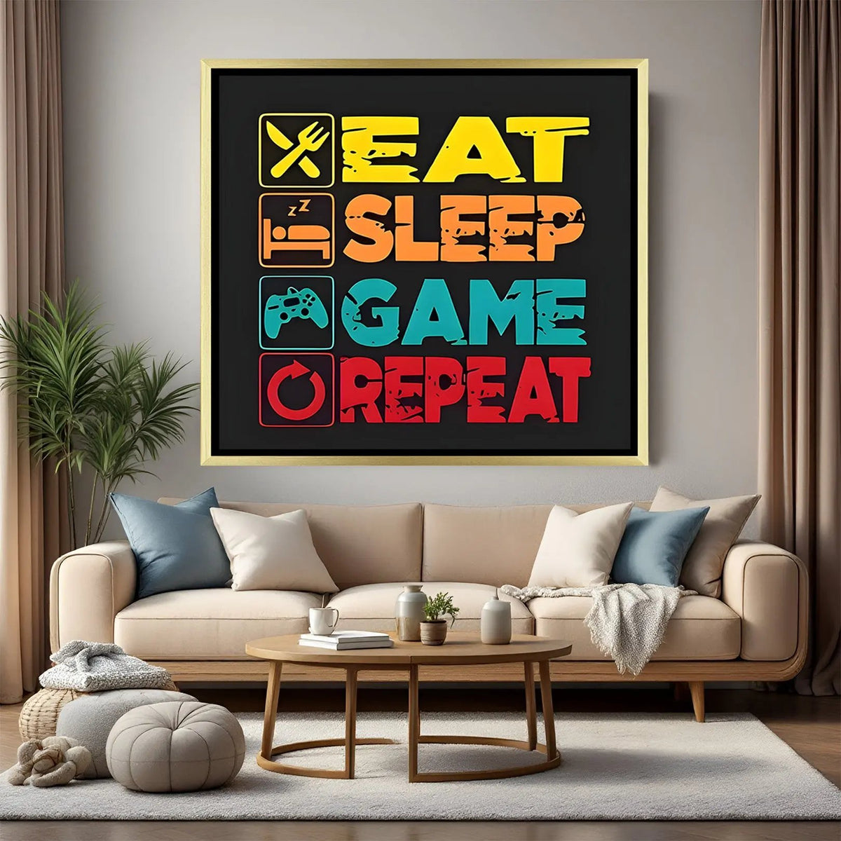 Eat Sleep Game Repeat artwork in luxury golden floater frame featuring colorful gamer quote design