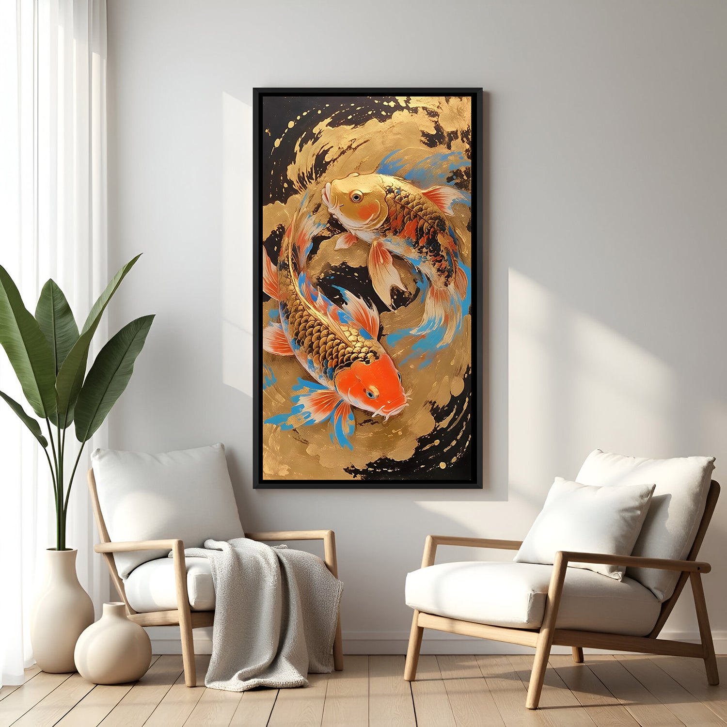 Feng Shui koi fish artwork with luxurious gold and black tones in elegant black floater frame