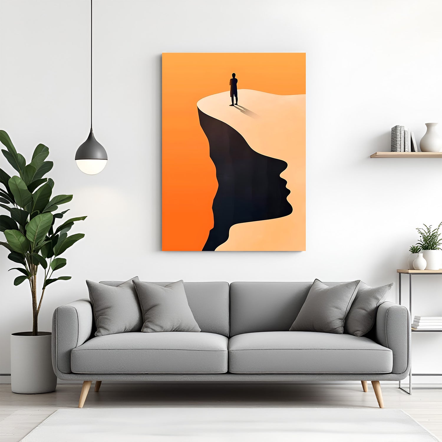 Edge of silence abstract modern canvas wall painting with person standing at the edge of land in canvas wrapped frame