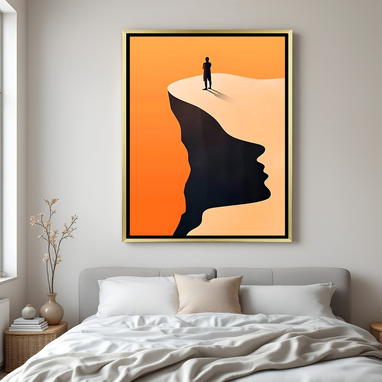 Luxury modern canvas artwork featuring solitary figure at edge of land with atmospheric abstract scenery