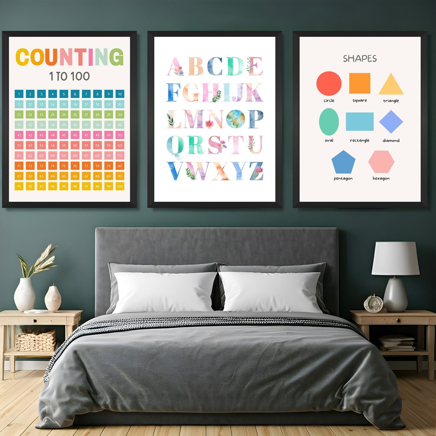 Canvas wall art set for kids with bright visuals of numbers, alphabets, and shapes – ideal for nursery, playroom, or learning space decor